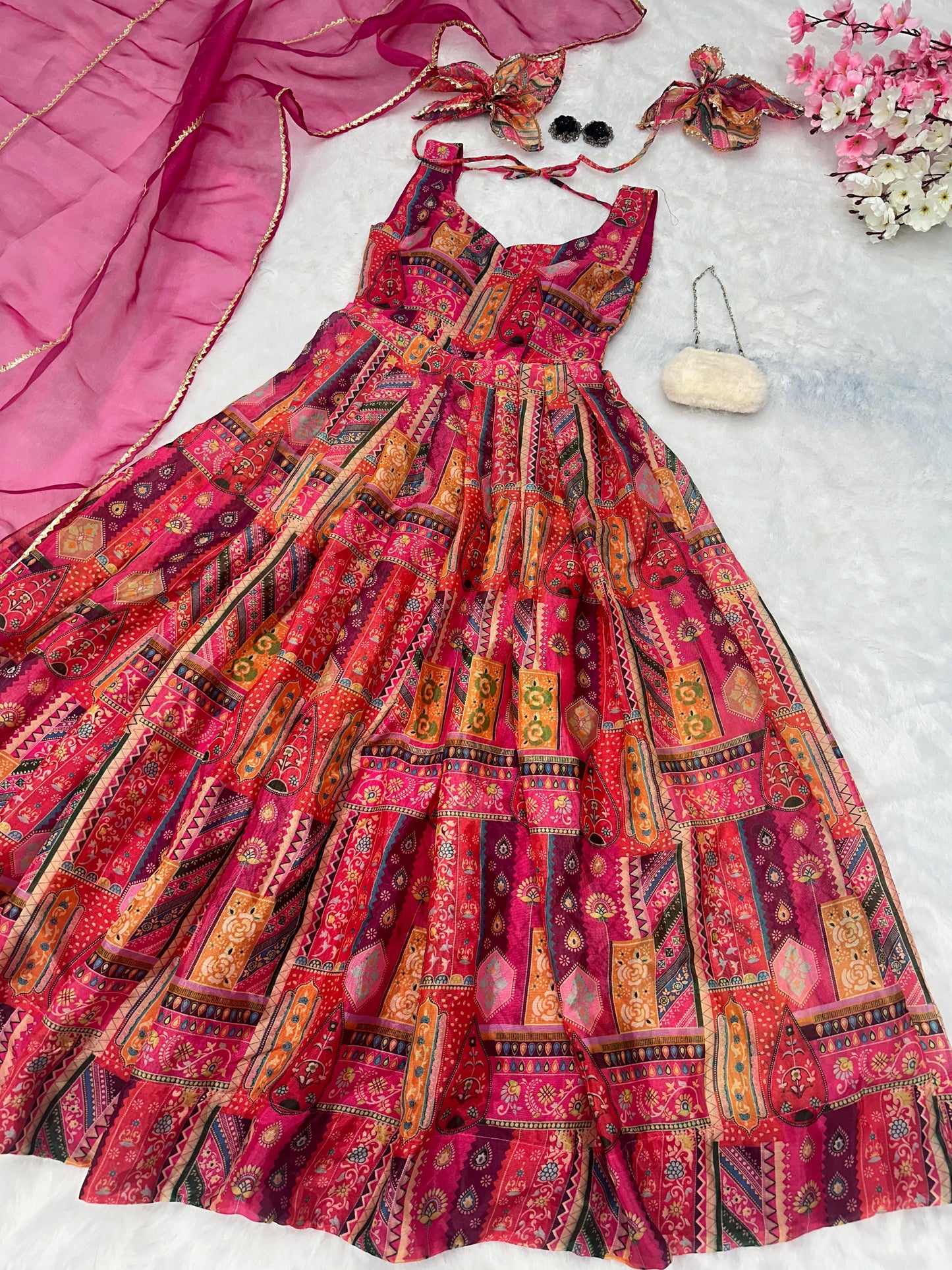 Reception Wear Multi Color Pure Jimmy Organza Silk Digital Printed Padded Gown