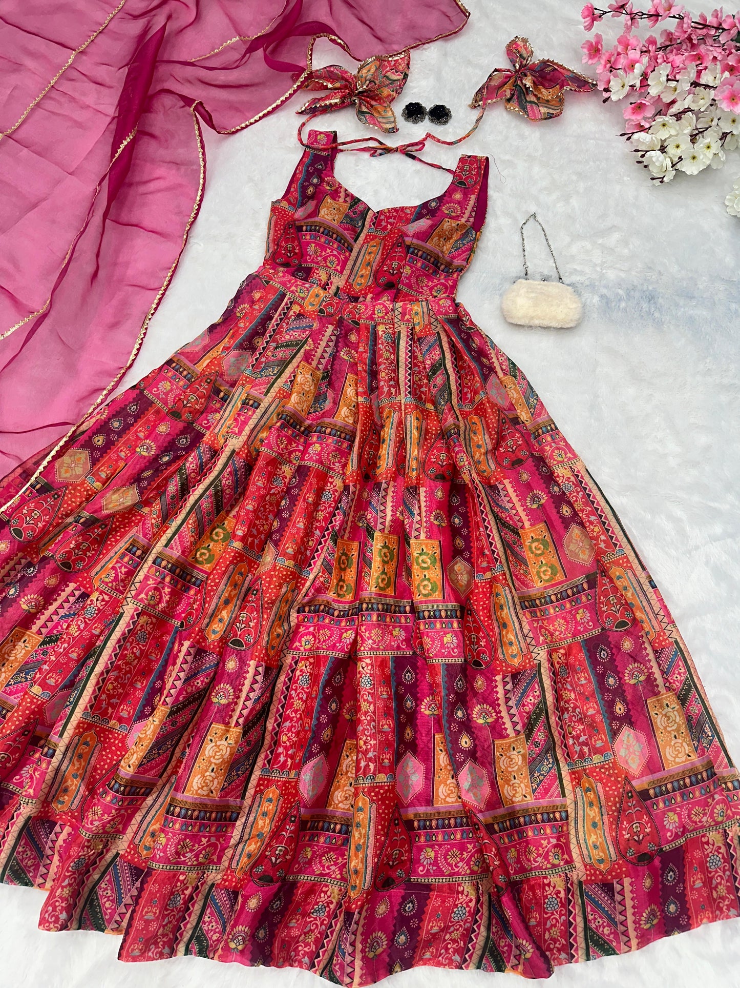 Reception Wear Multi Color Pure Jimmy Organza Silk Digital Printed Padded Gown