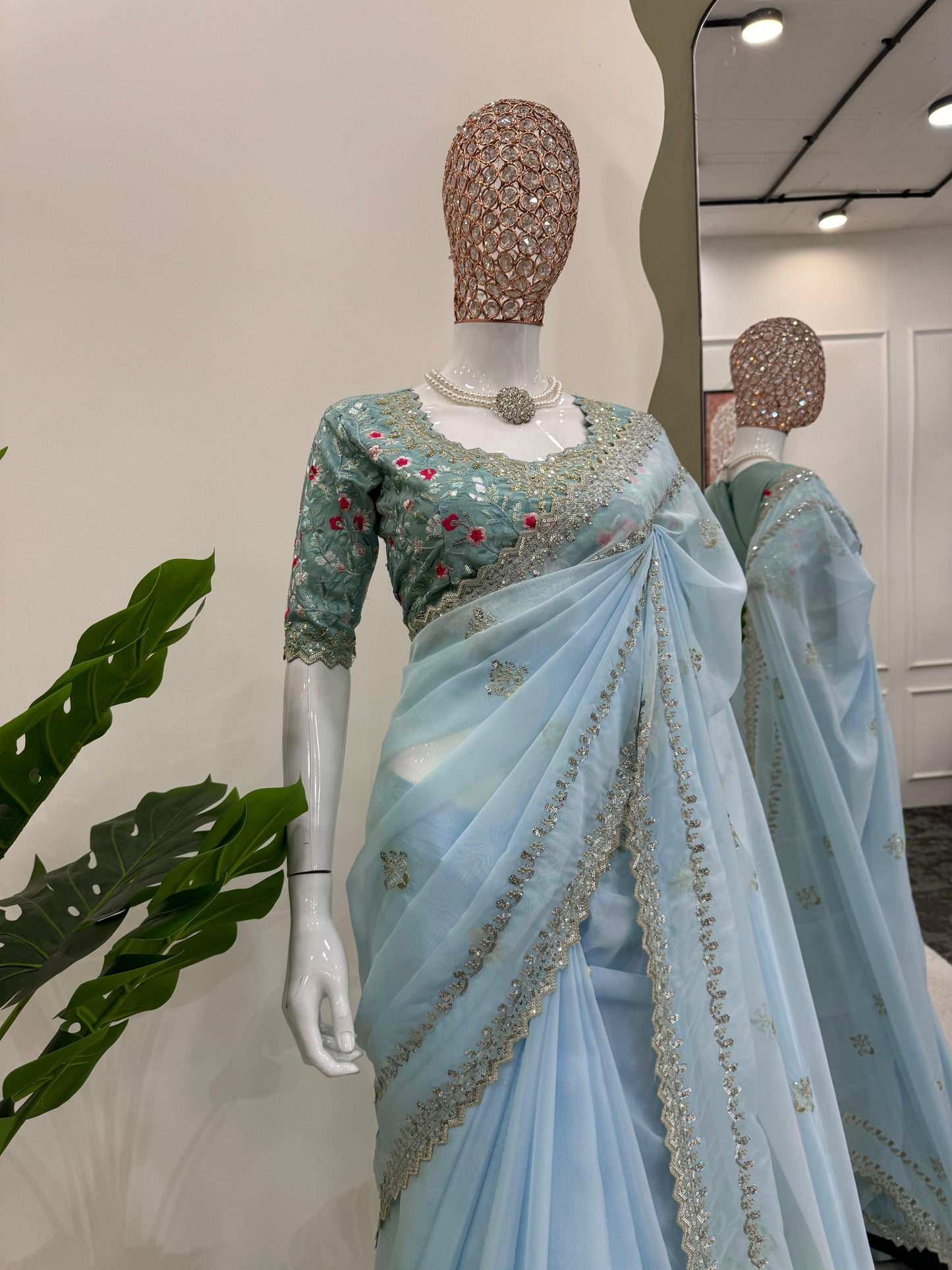 Wedding Wear Sky Blue Color Tibby Silk Thred Sequence With Fancy Lace Designer Saree