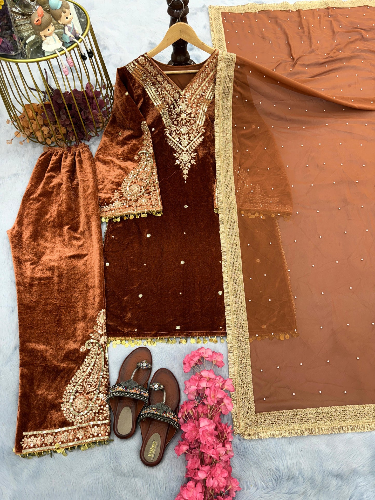 Classy Orange Color Heavy Pure Viscose Velvet Sequence Work With Rivet Moti Work Salwar Suit