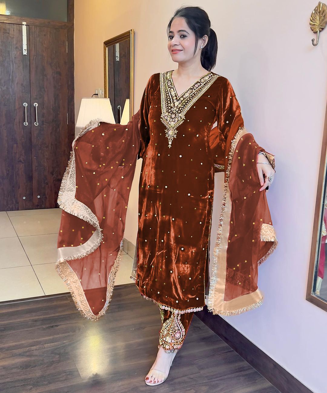 Classy Orange Color Heavy Pure Viscose Velvet Sequence Work With Rivet Moti Work Salwar Suit