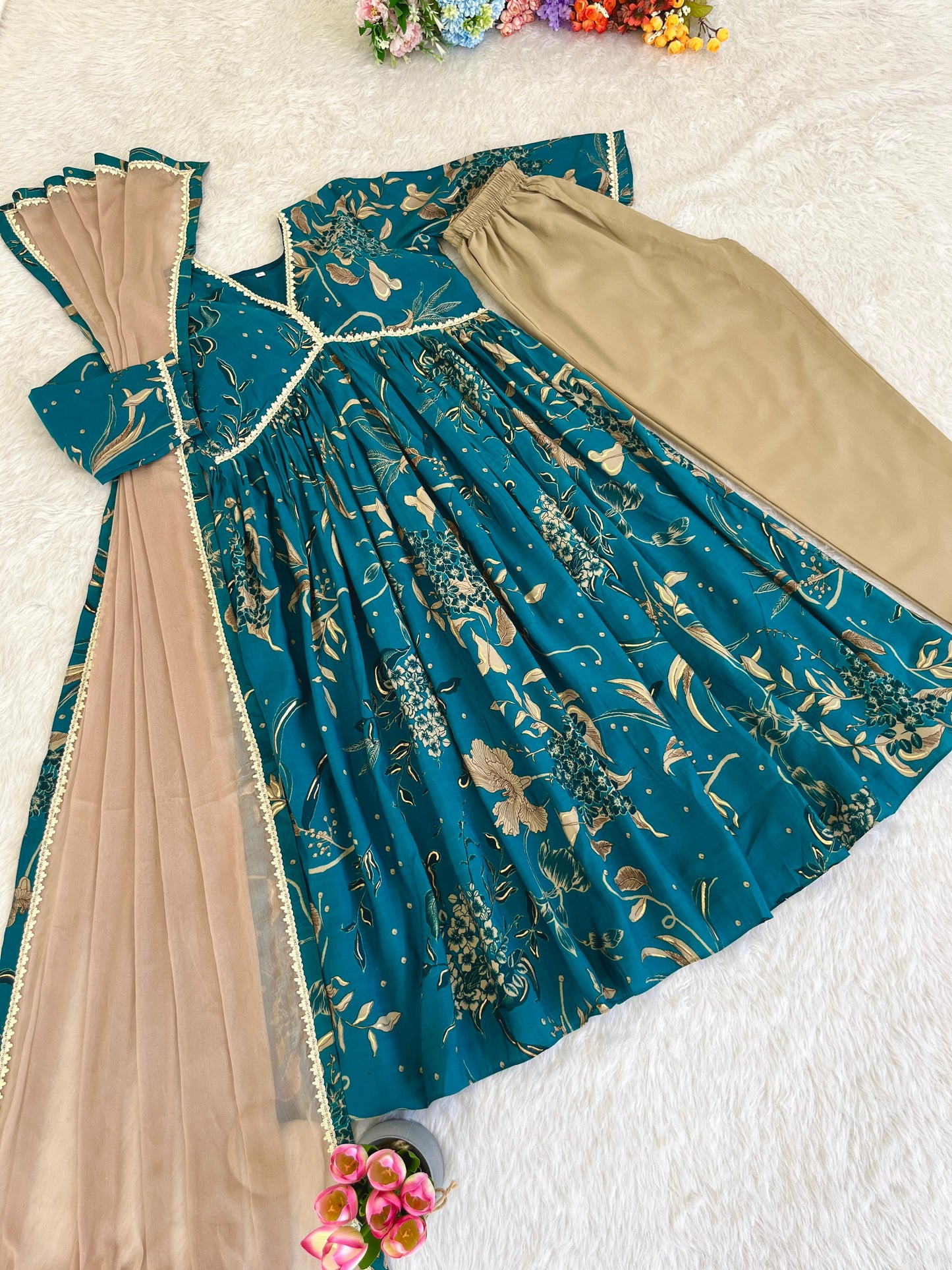 Innovative Teal Green Color Pure Viscose Chanderi Mill Printed Wedding Wear Anarkali Suit