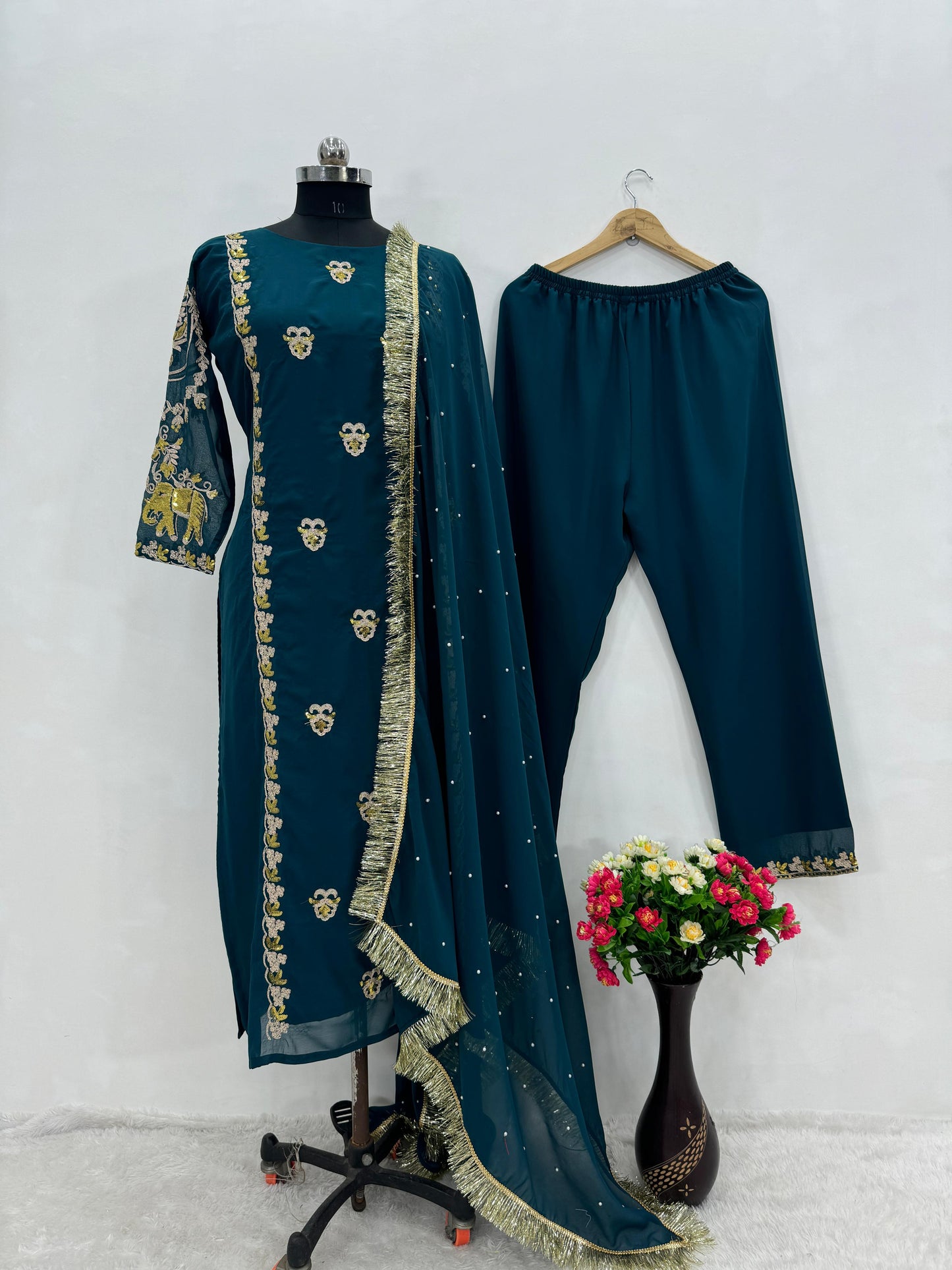 Classic Teal Color Heavy Faux Georgette With Embroidery Sequence Work Salwar Suit