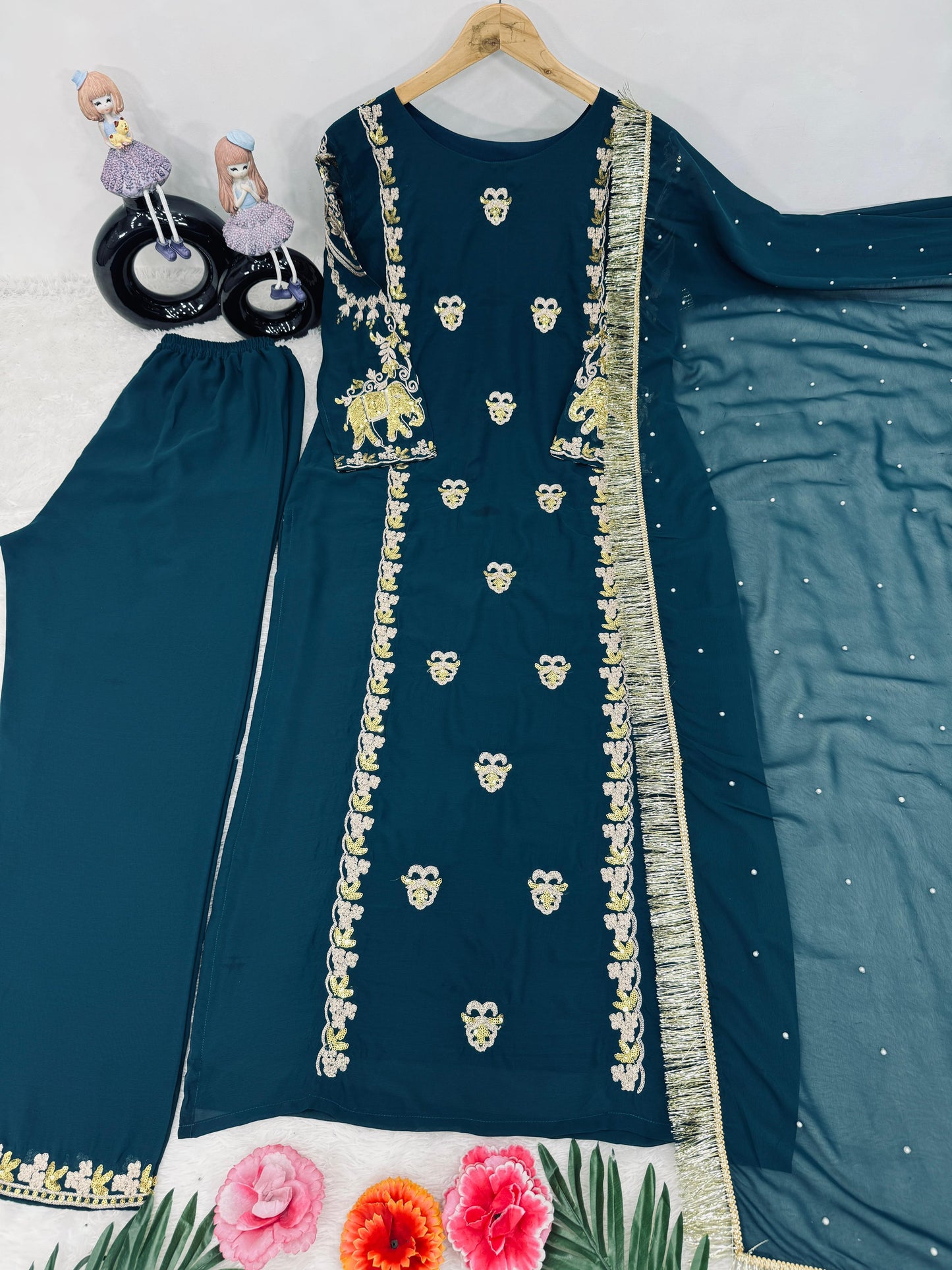 Classic Teal Color Heavy Faux Georgette With Embroidery Sequence Work Salwar Suit