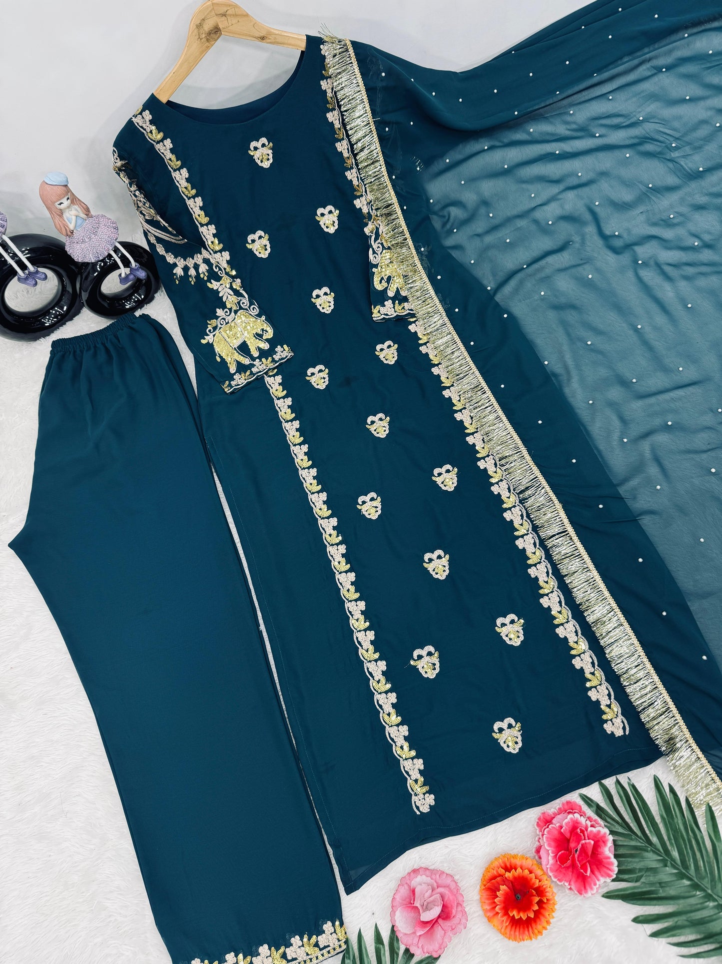 Classic Teal Color Heavy Faux Georgette With Embroidery Sequence Work Salwar Suit