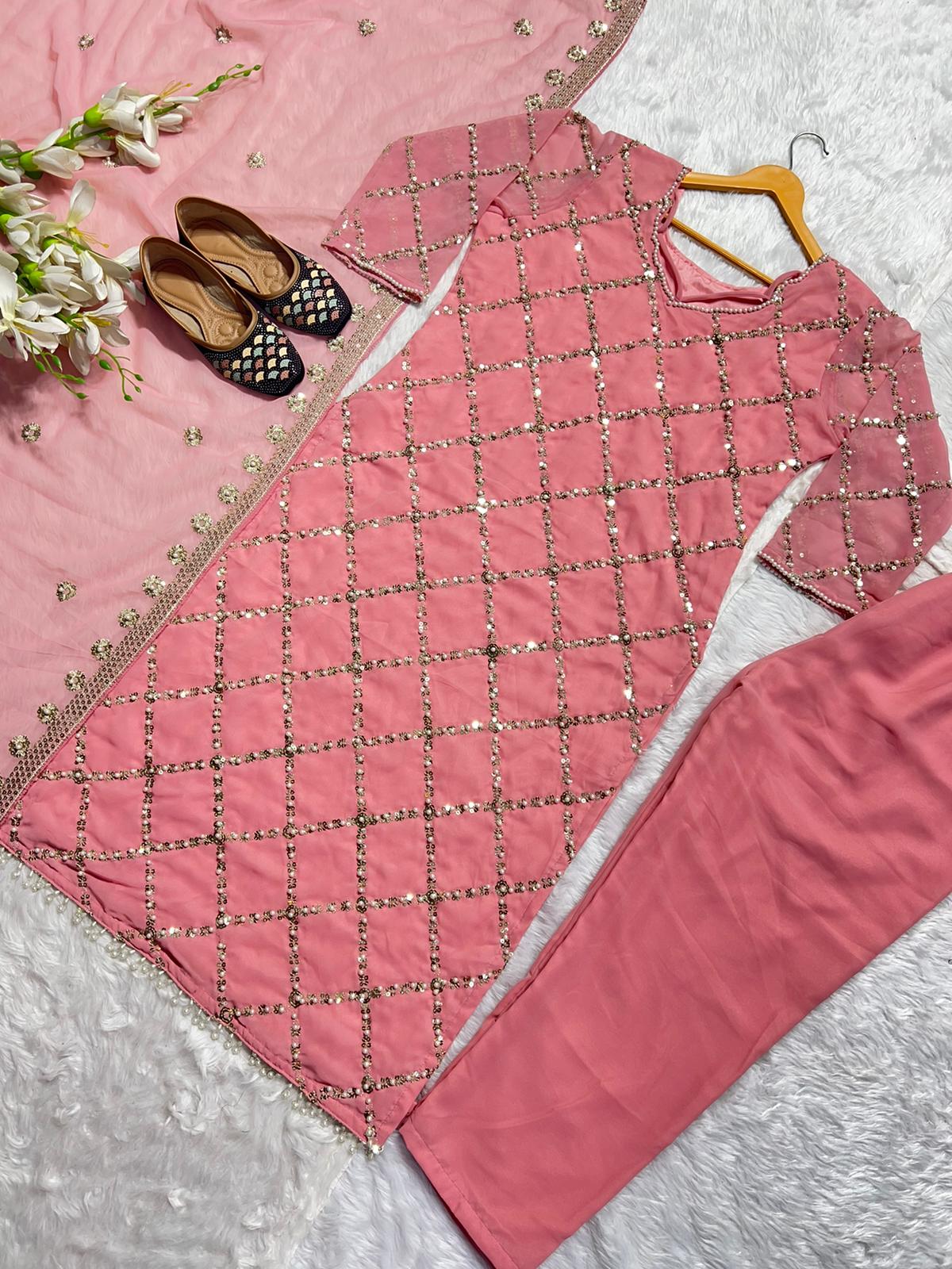 Peach Color Faux Georgette Real Hand Work Sequence Embroidery Work Salwar Suit