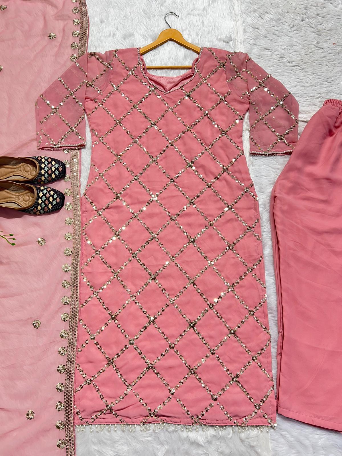 Peach Color Faux Georgette Real Hand Work Sequence Embroidery Work Salwar Suit