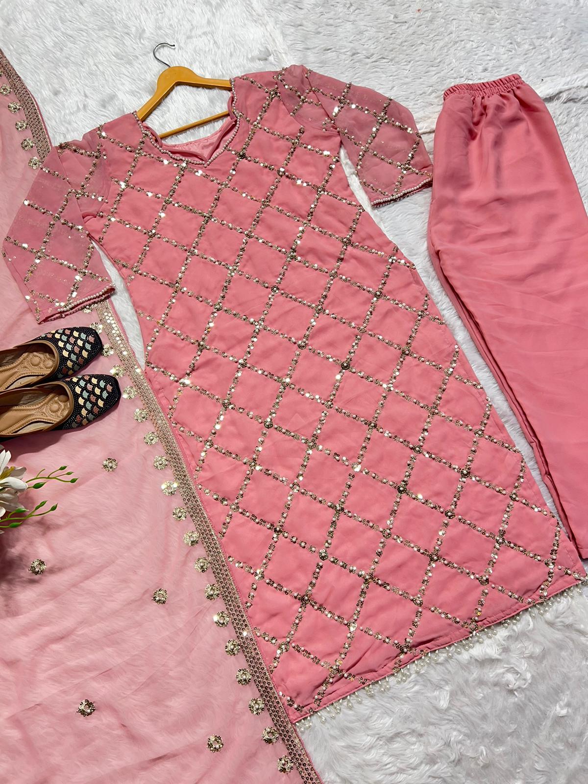 Peach Color Faux Georgette Real Hand Work Sequence Embroidery Work Salwar Suit