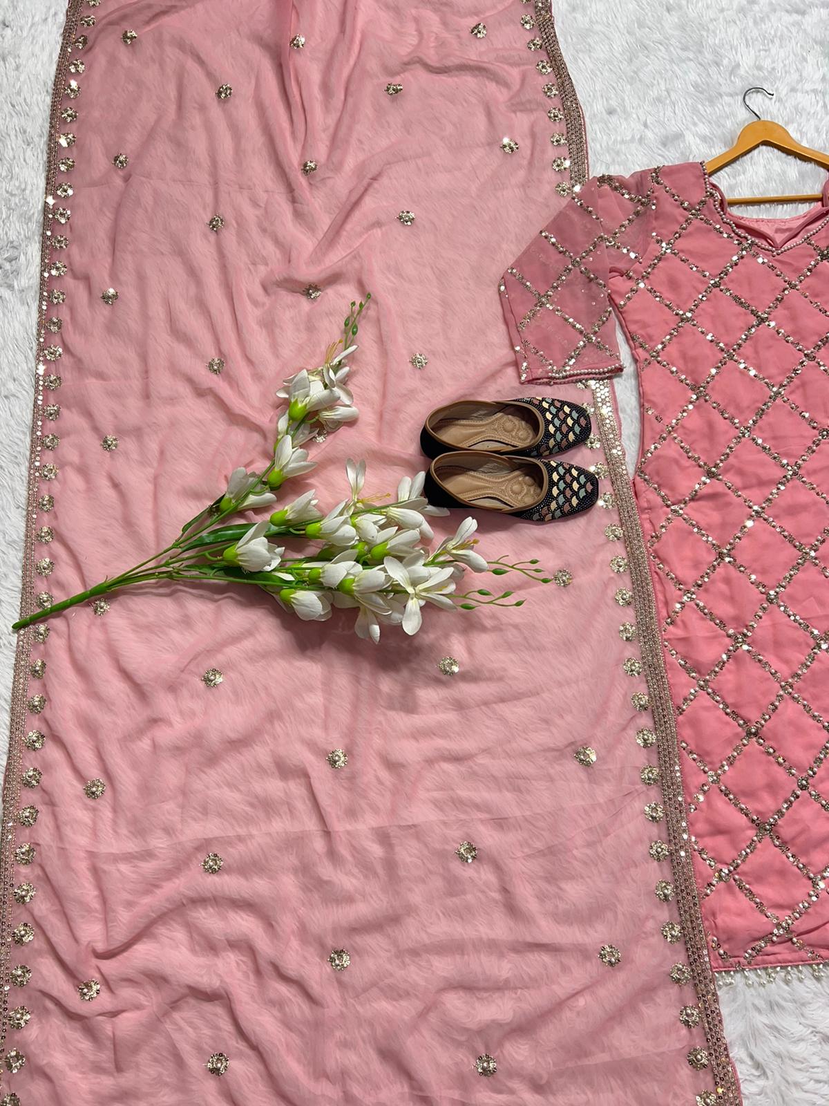 Peach Color Faux Georgette Real Hand Work Sequence Embroidery Work Salwar Suit