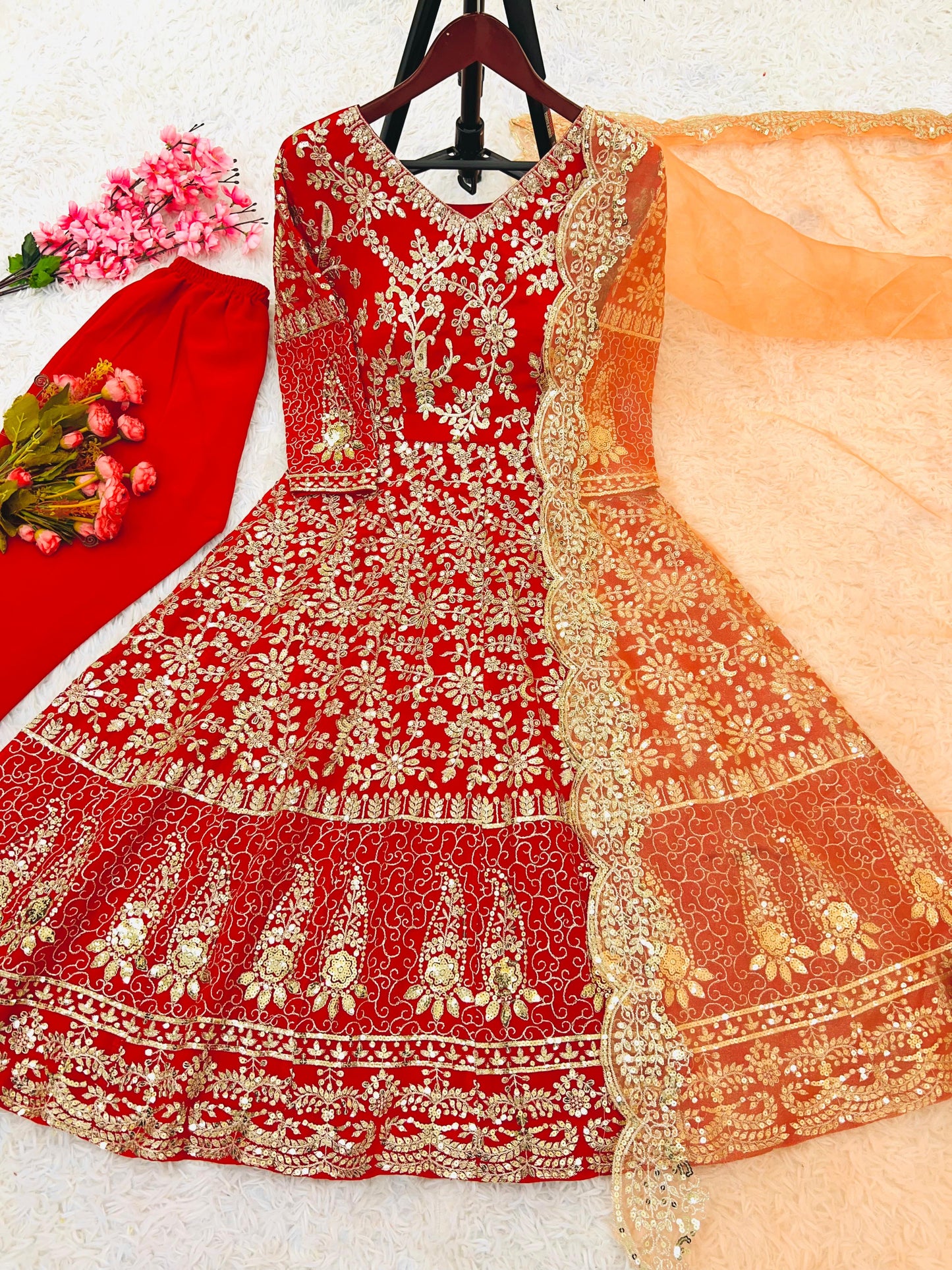Daisy Red Color Pure Heavy Faux Georgette With Full Heavy Embroidery Sequence Work Anarkali Suit