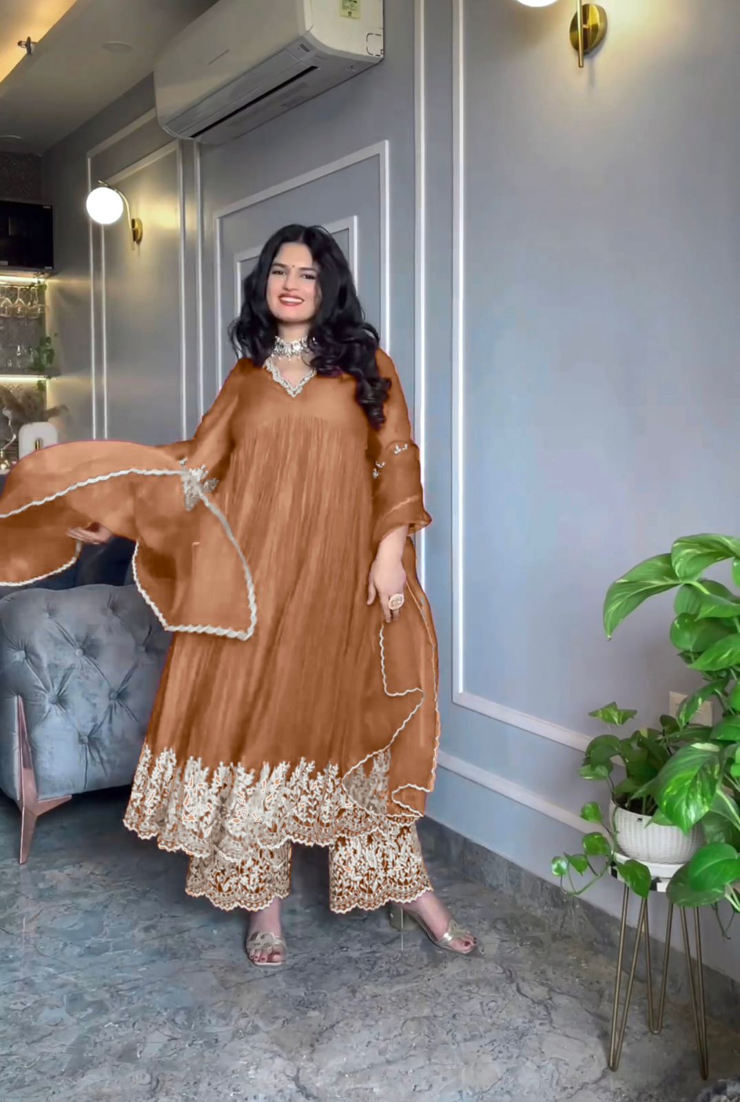 Celebrity Style Crush With Embroidery Work Beige Color Anarkali Suit With Palazzo