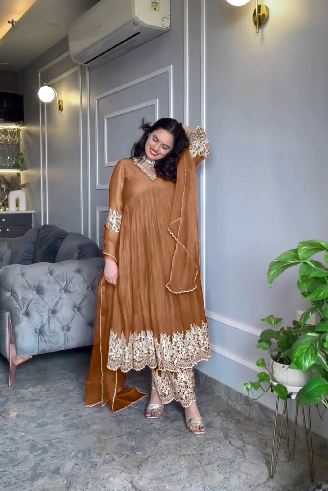 Celebrity Style Crush With Embroidery Work Beige Color Anarkali Suit With Palazzo
