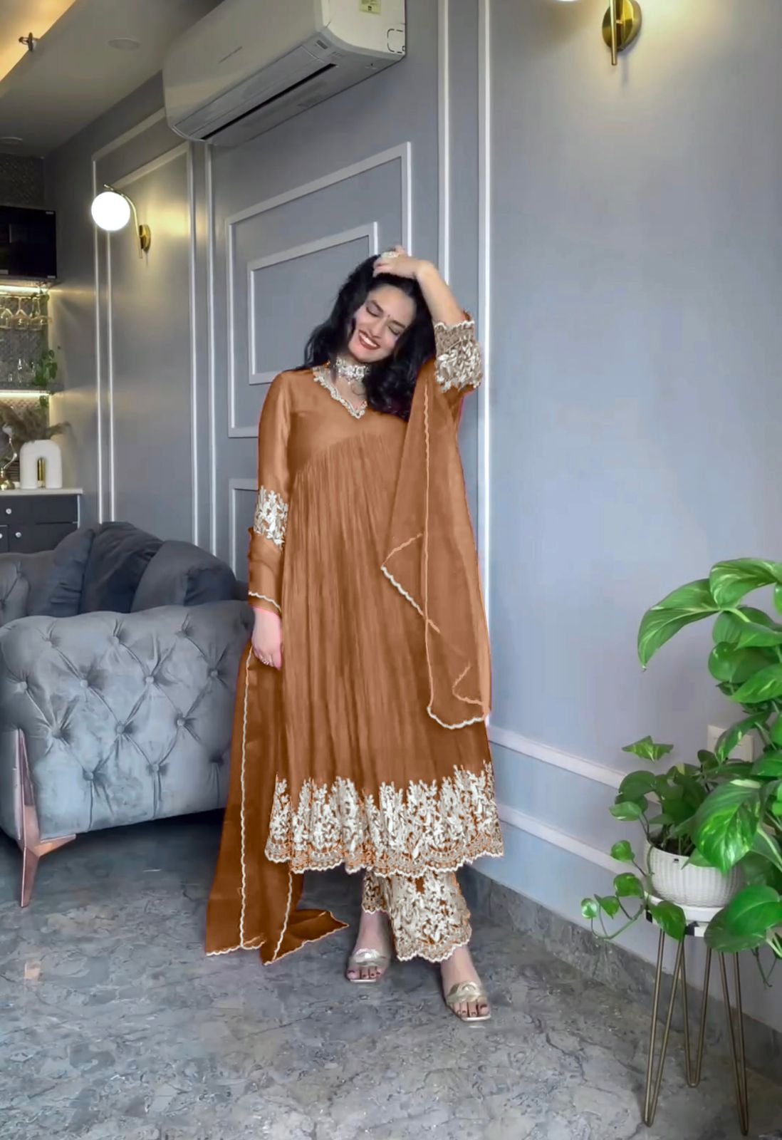 Celebrity Style Crush With Embroidery Work Beige Color Anarkali Suit With Palazzo