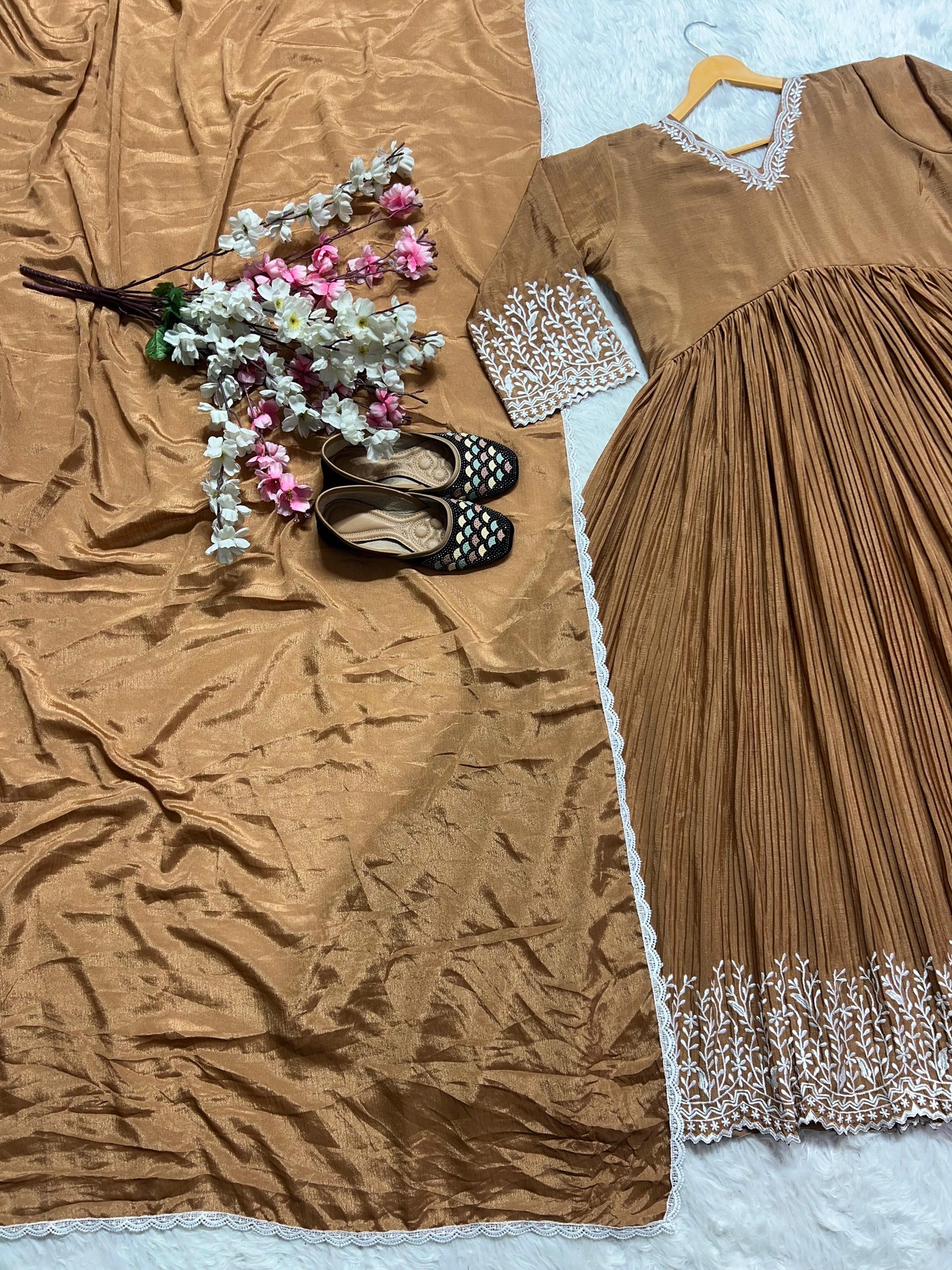 Celebrity Style Crush With Embroidery Work Beige Color Anarkali Suit With Palazzo
