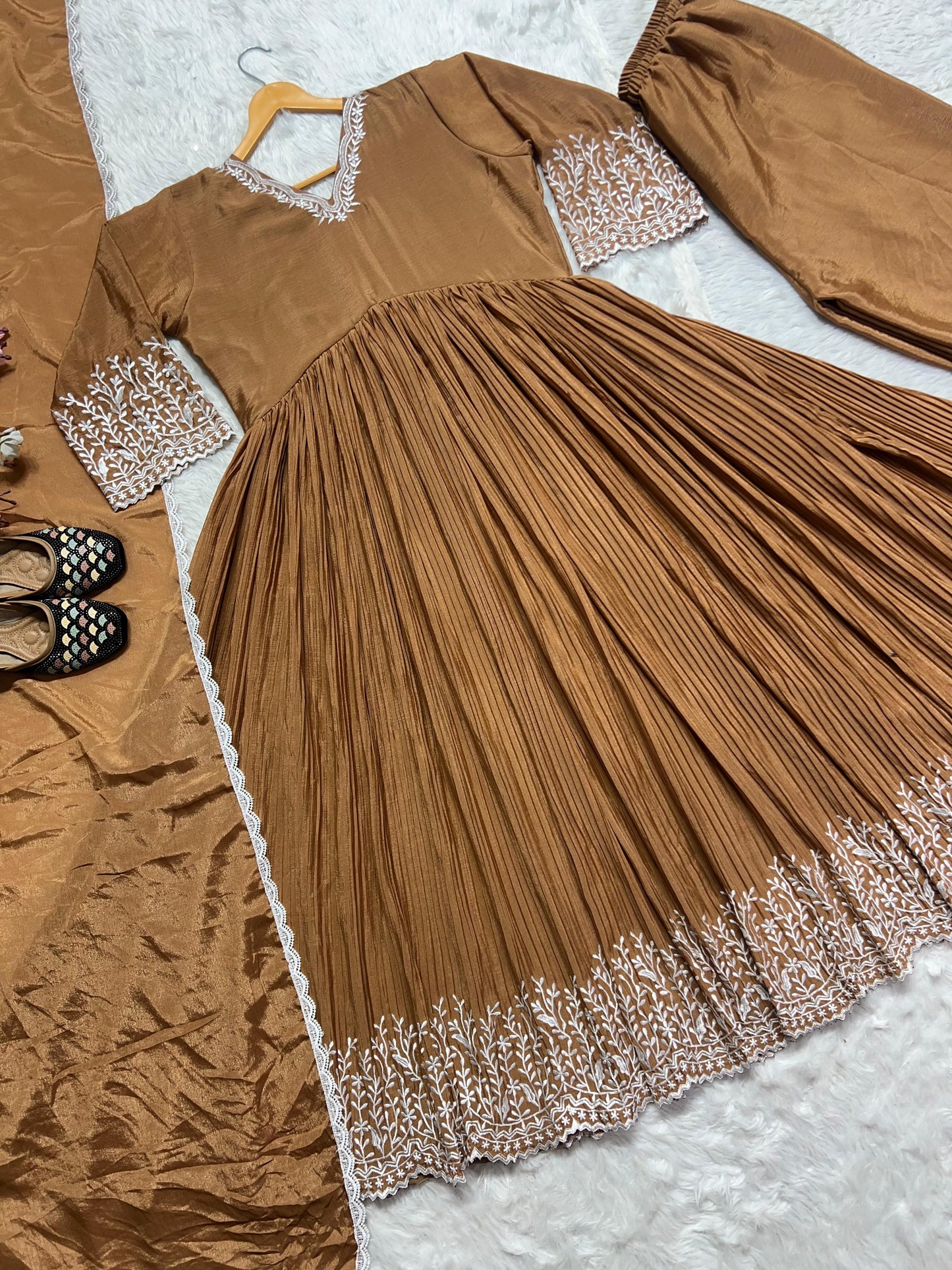 Celebrity Style Crush With Embroidery Work Beige Color Anarkali Suit With Palazzo