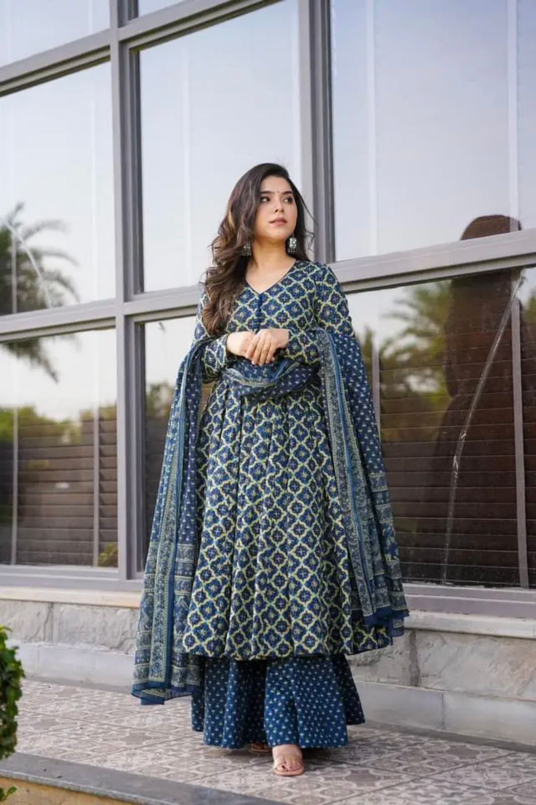 Party Wear Navy Blue Color Pure Soft Cotton Printed Anarkali Suit