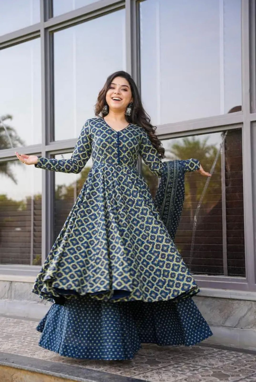 Party Wear Navy Blue Color Pure Soft Cotton Printed Anarkali Suit
