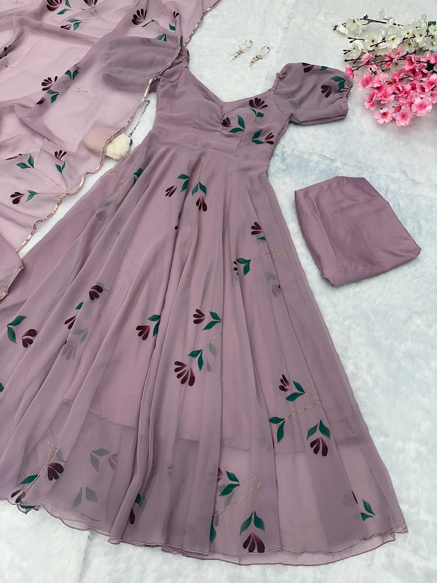 Casual Wear  Dusty Peach Color Hand Printed Georgette Designer Anarkali Suit