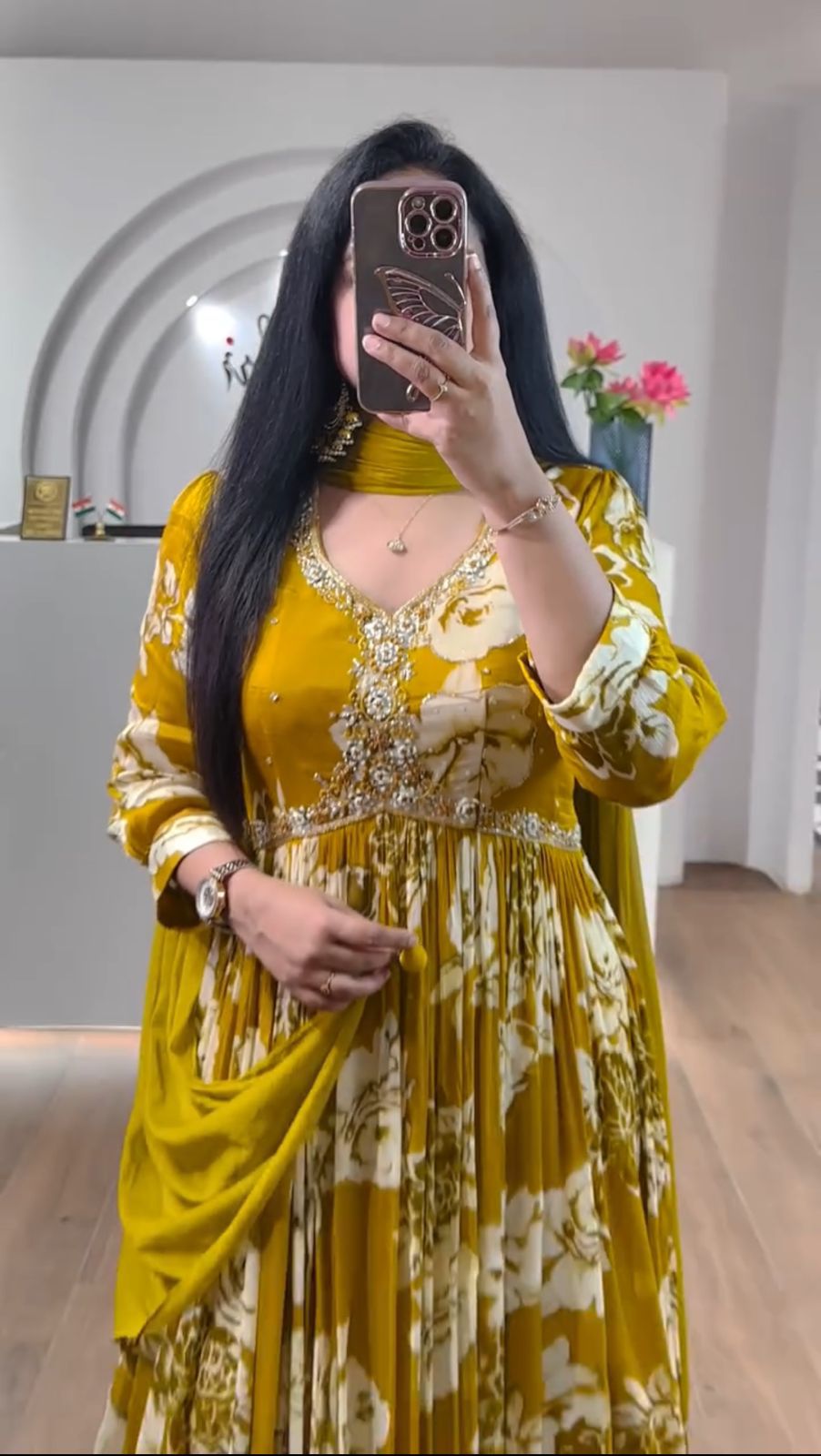 Charming Mustard Color Faux Georgette And Embroidery Thread Work With Digital Printed Designer Gown
