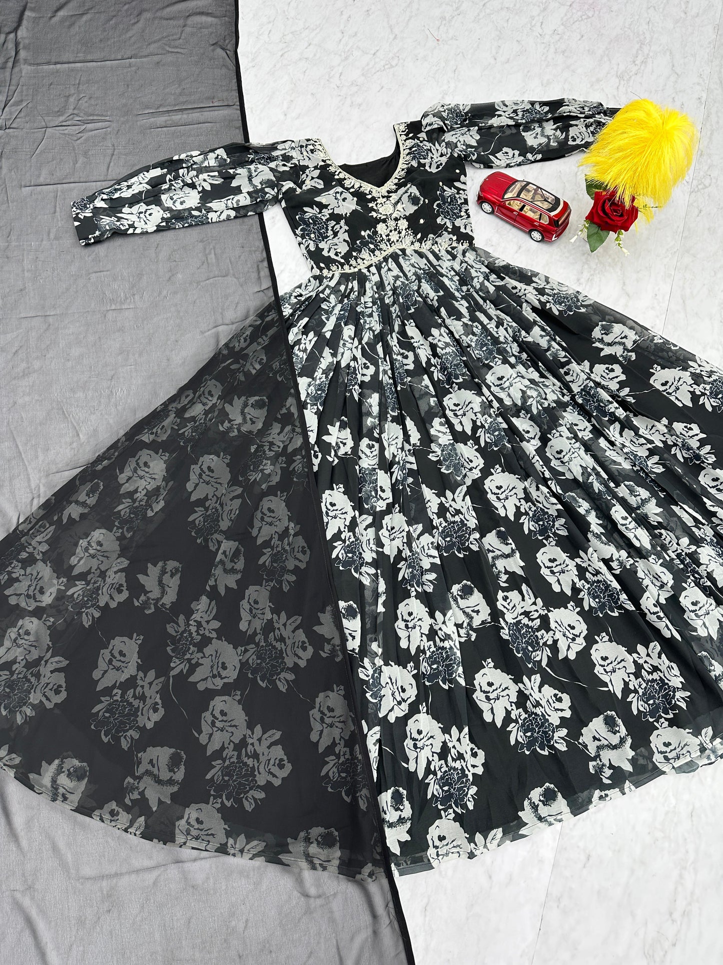 Luxuriant Black Color Faux Georgette And Embroidery Thread Work With Digital Printed Designer Gown