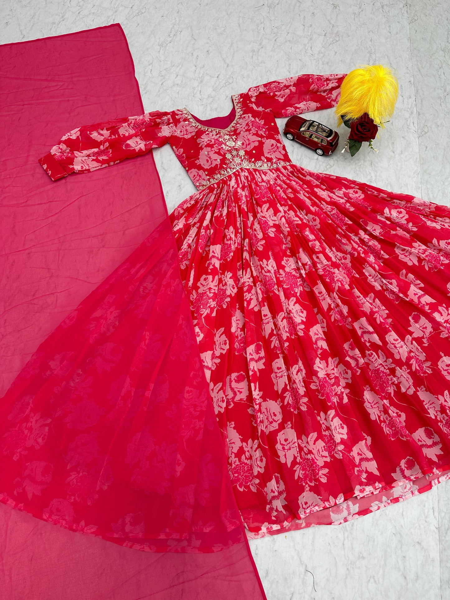 Demanding Red Color Faux Georgette And Embroidery Thread Work With Digital Printed Designer Gown