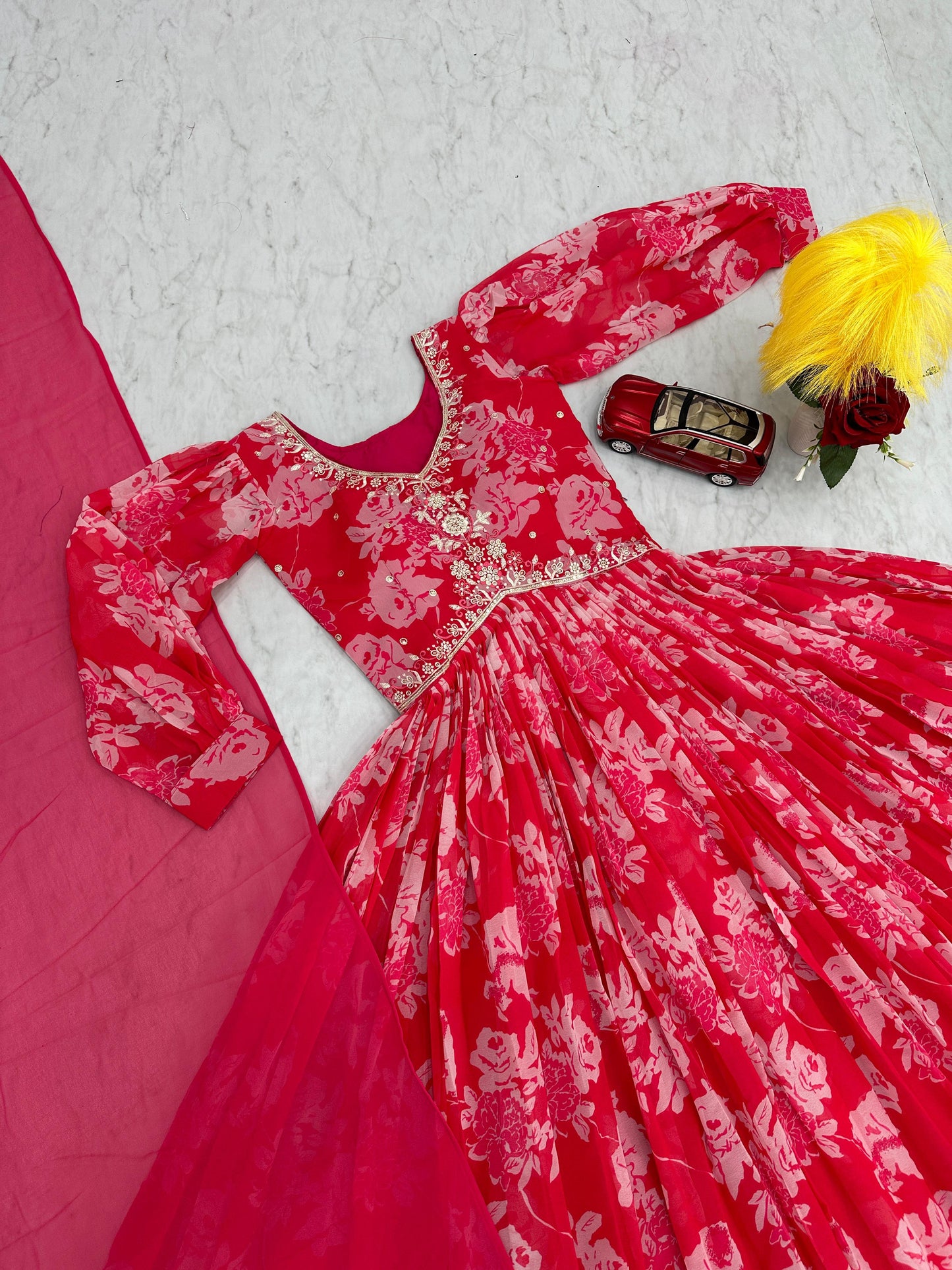 Demanding Red Color Faux Georgette And Embroidery Thread Work With Digital Printed Designer Gown