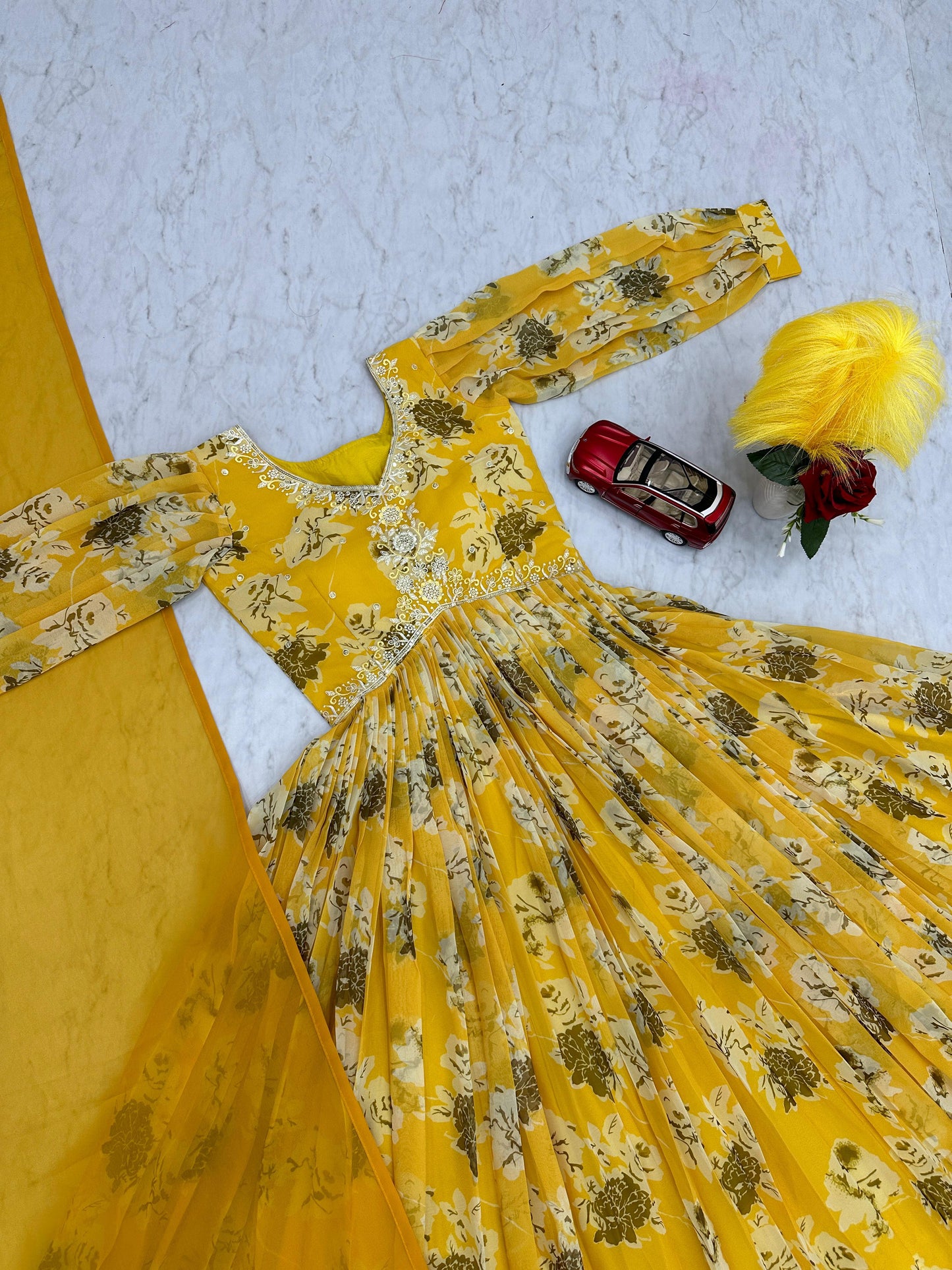 Charming Mustard Color Faux Georgette And Embroidery Thread Work With Digital Printed Designer Gown