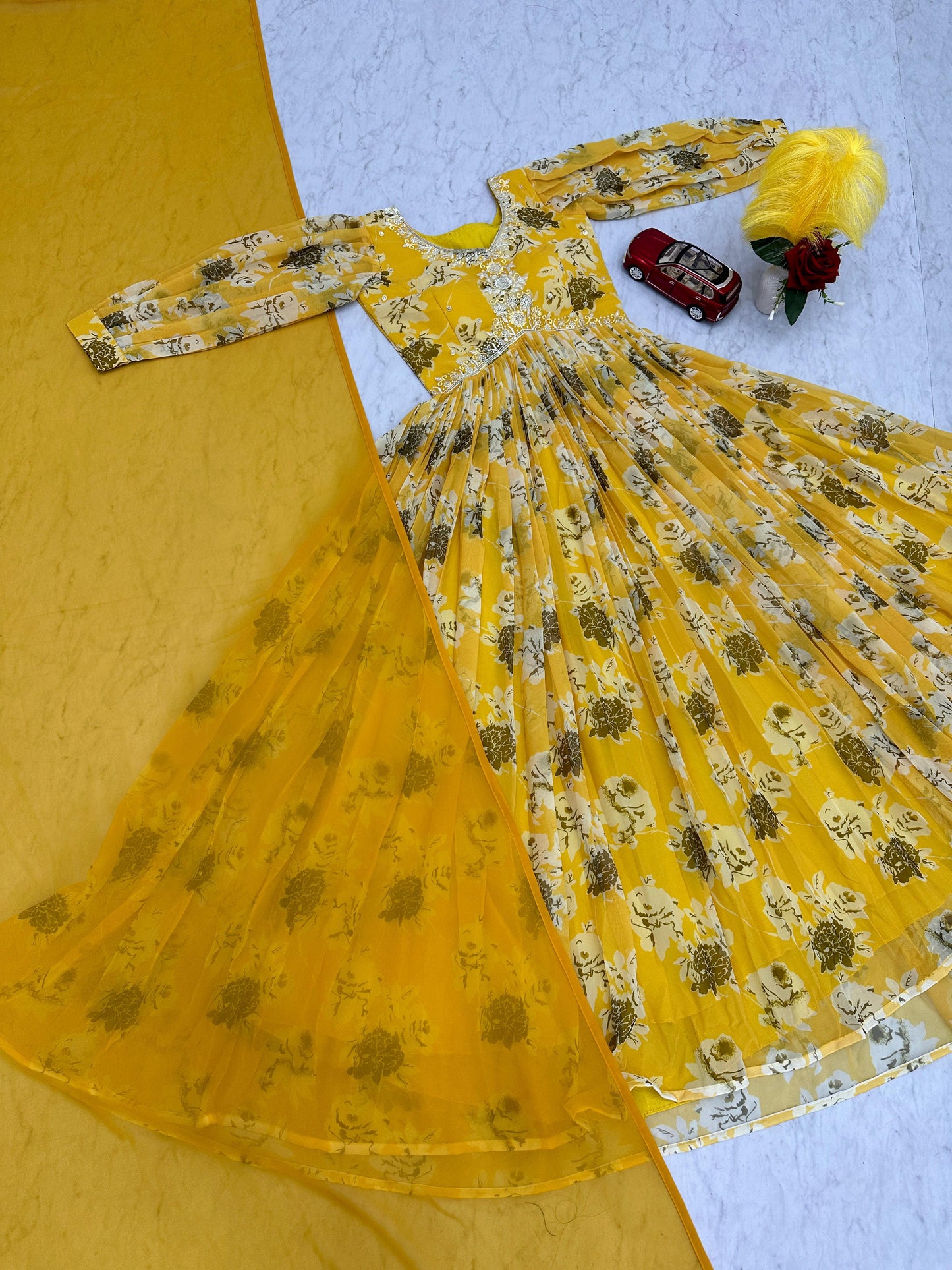Charming Mustard Color Faux Georgette And Embroidery Thread Work With Digital Printed Designer Gown