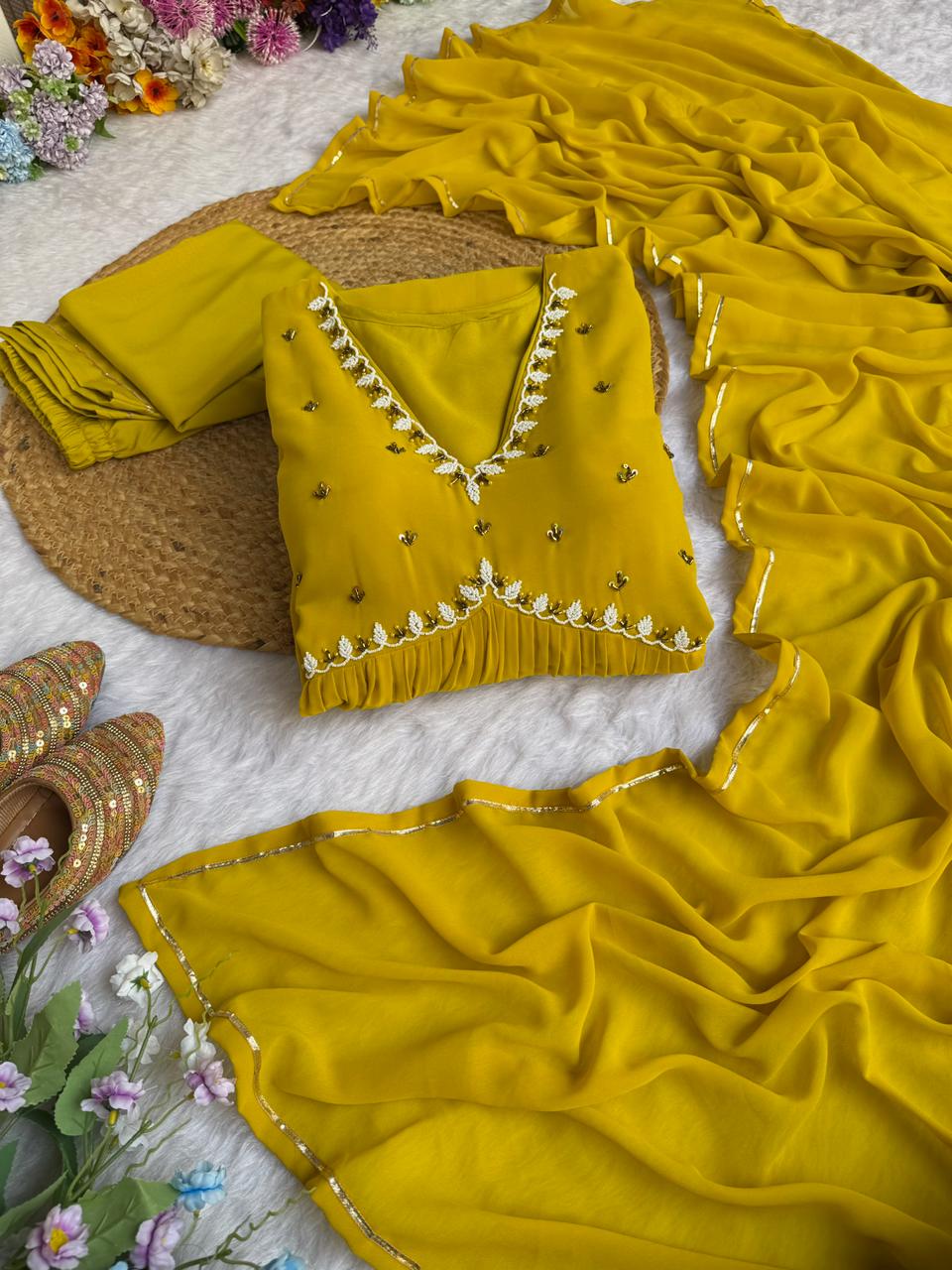 Party Wear Look Faux Georgette Mustard Yellow Color Gown With Dupatta