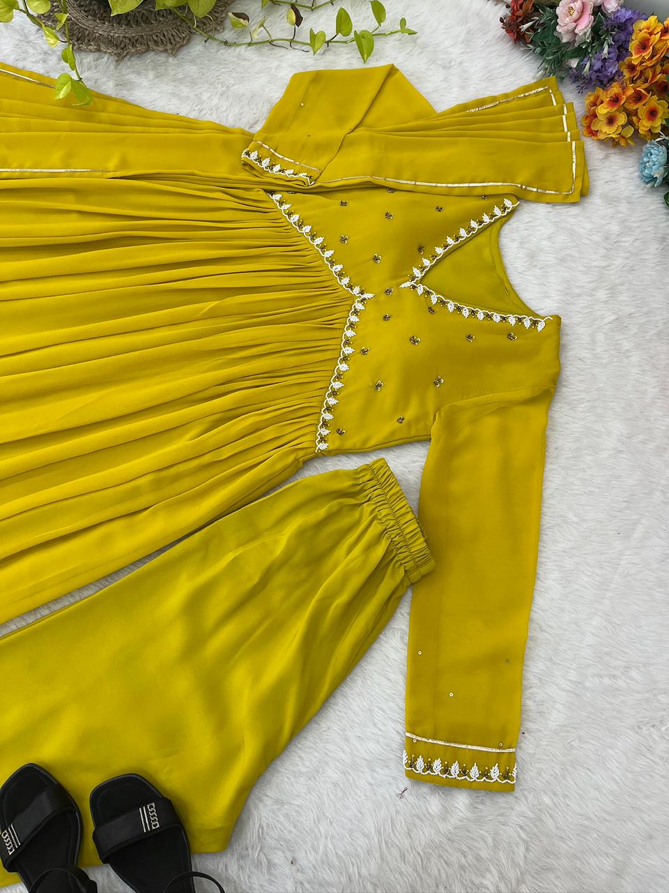 Party Wear Look Faux Georgette Mustard Yellow Color Gown With Dupatta