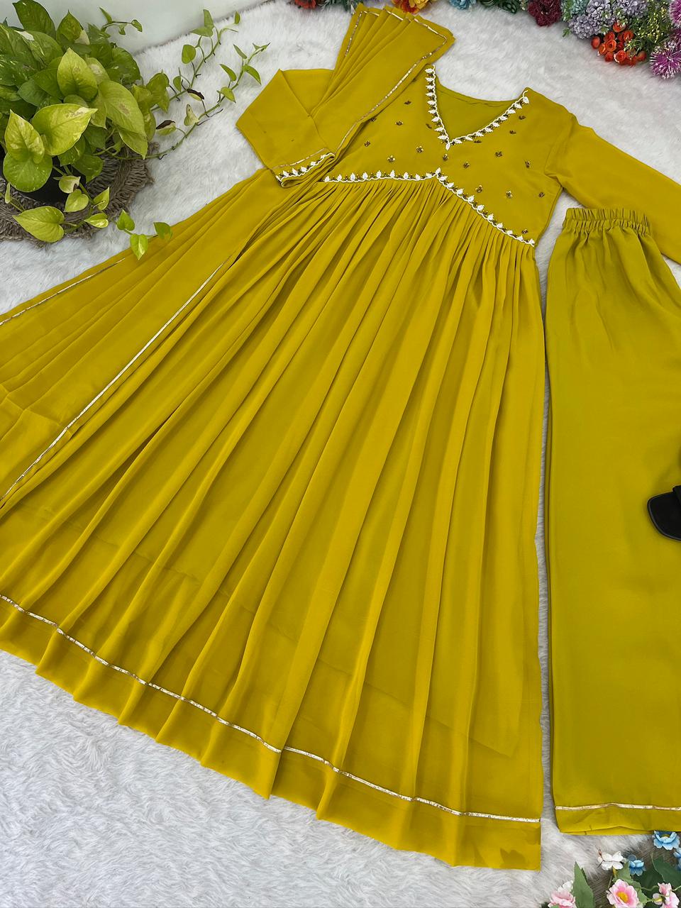 Party Wear Look Faux Georgette Mustard Yellow Color Gown With Dupatta