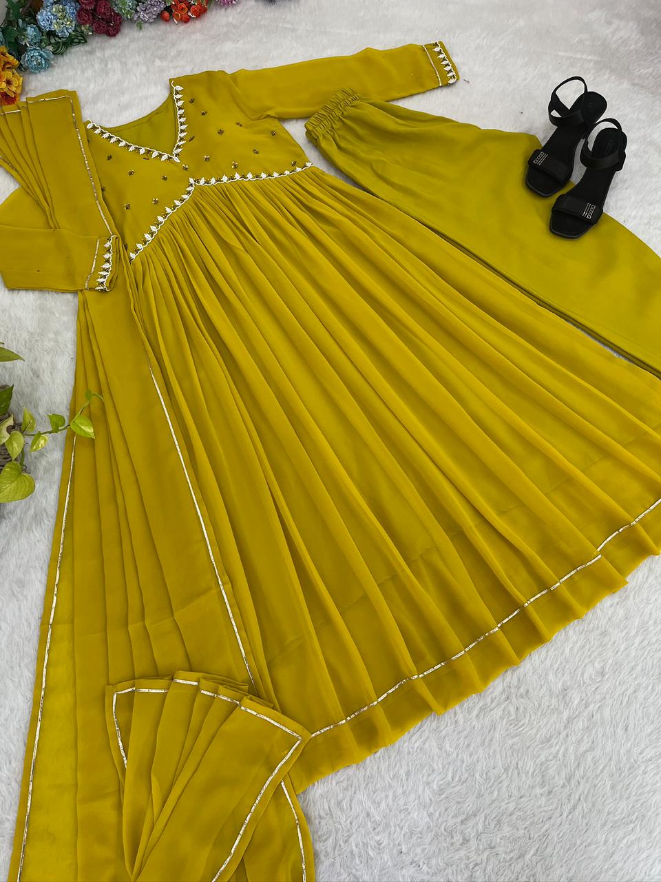 Party Wear Look Faux Georgette Mustard Yellow Color Gown With Dupatta
