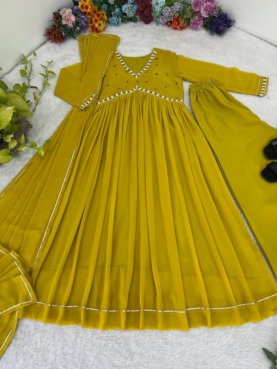 Party Wear Look Faux Georgette Mustard Yellow Color Gown With Dupatta