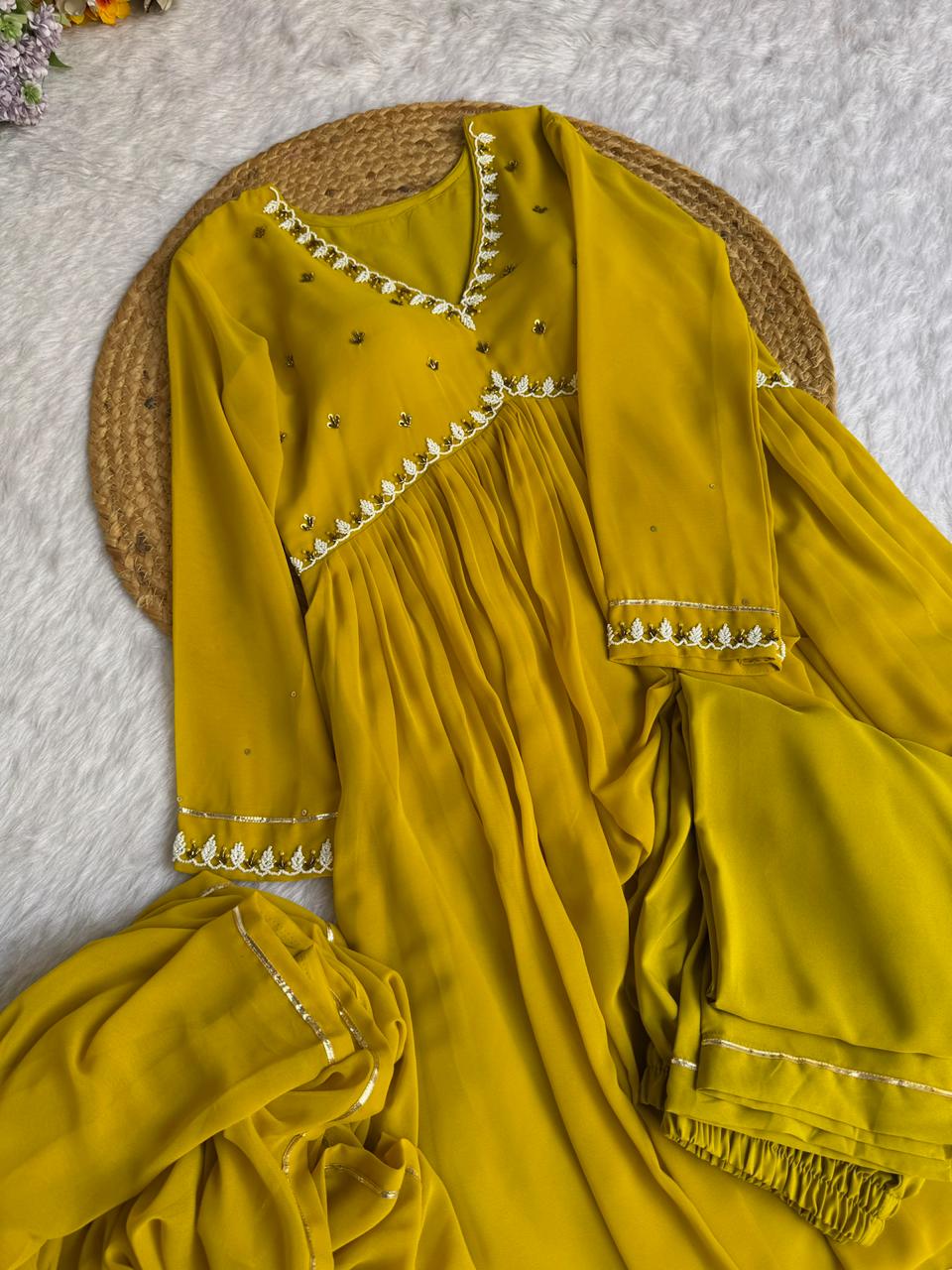 Party Wear Look Faux Georgette Mustard Yellow Color Gown With Dupatta