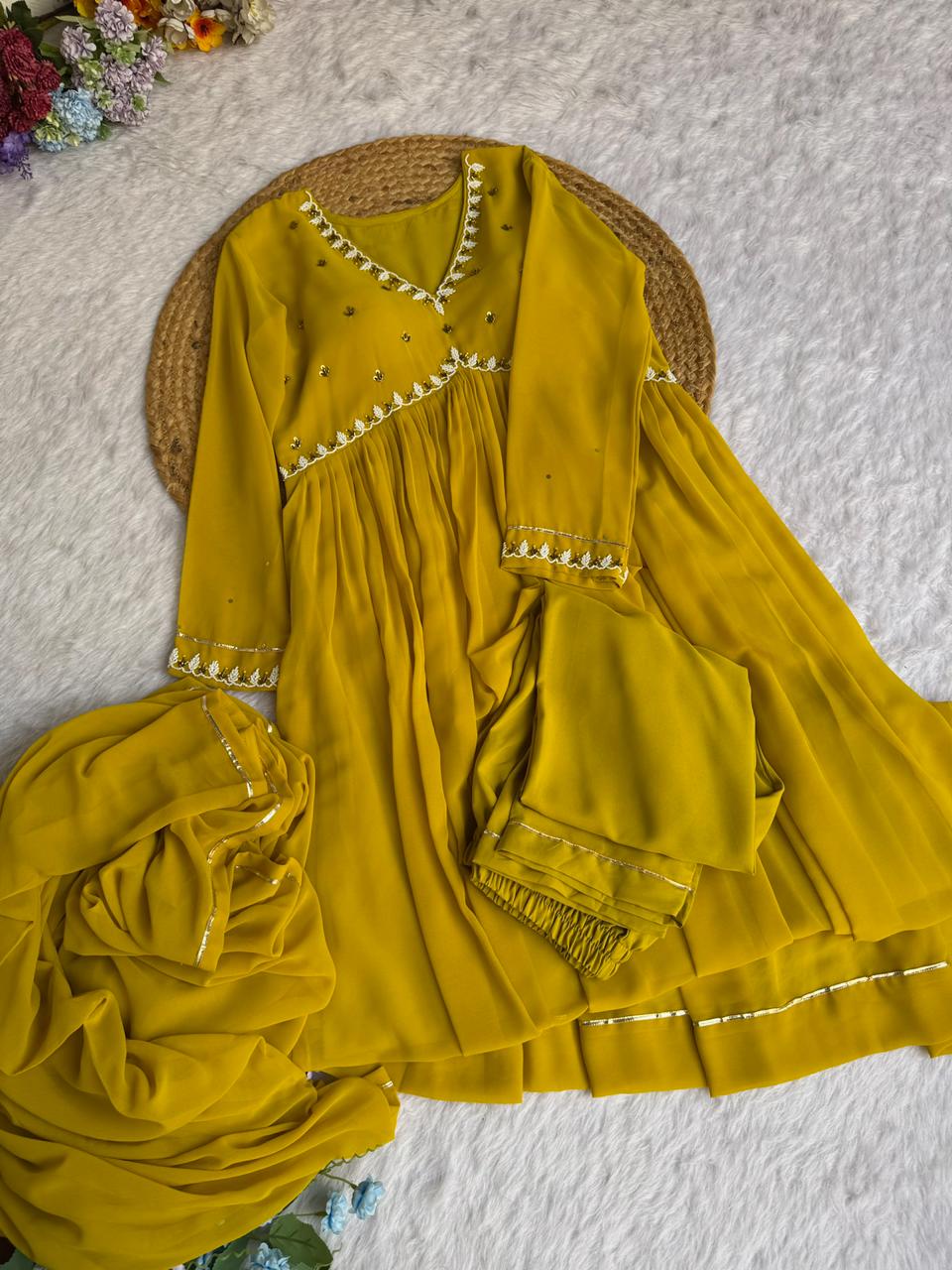 Party Wear Look Faux Georgette Mustard Yellow Color Gown With Dupatta