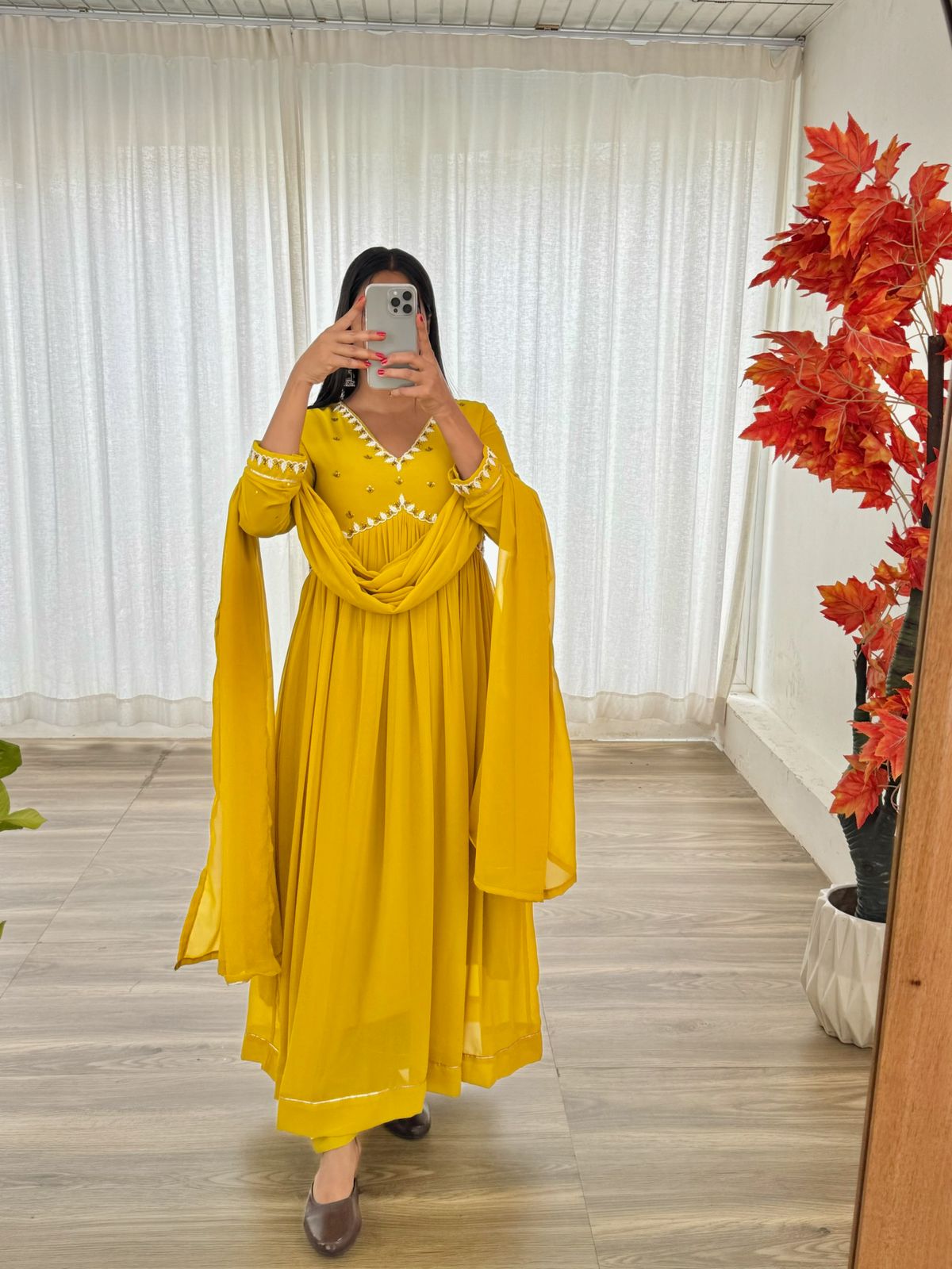 Party Wear Look Faux Georgette Mustard Yellow Color Gown With Dupatta