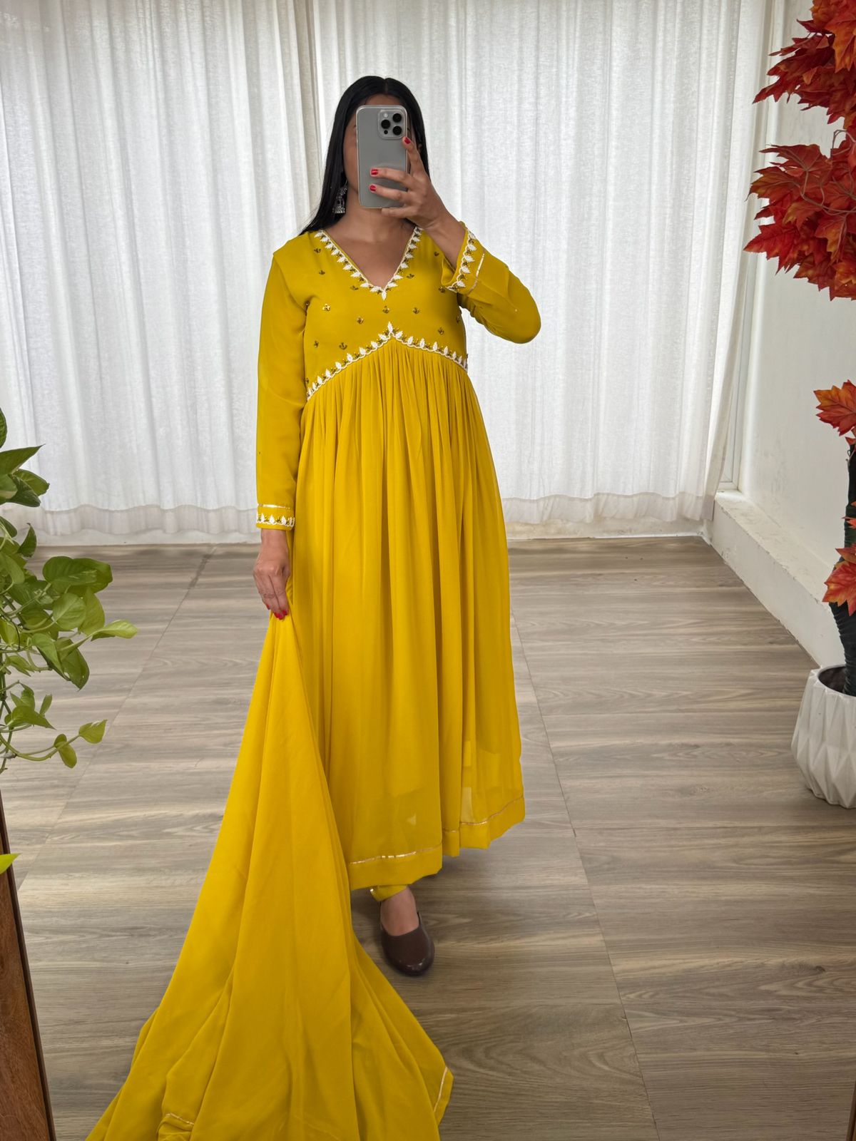 Party Wear Look Faux Georgette Mustard Yellow Color Gown With Dupatta