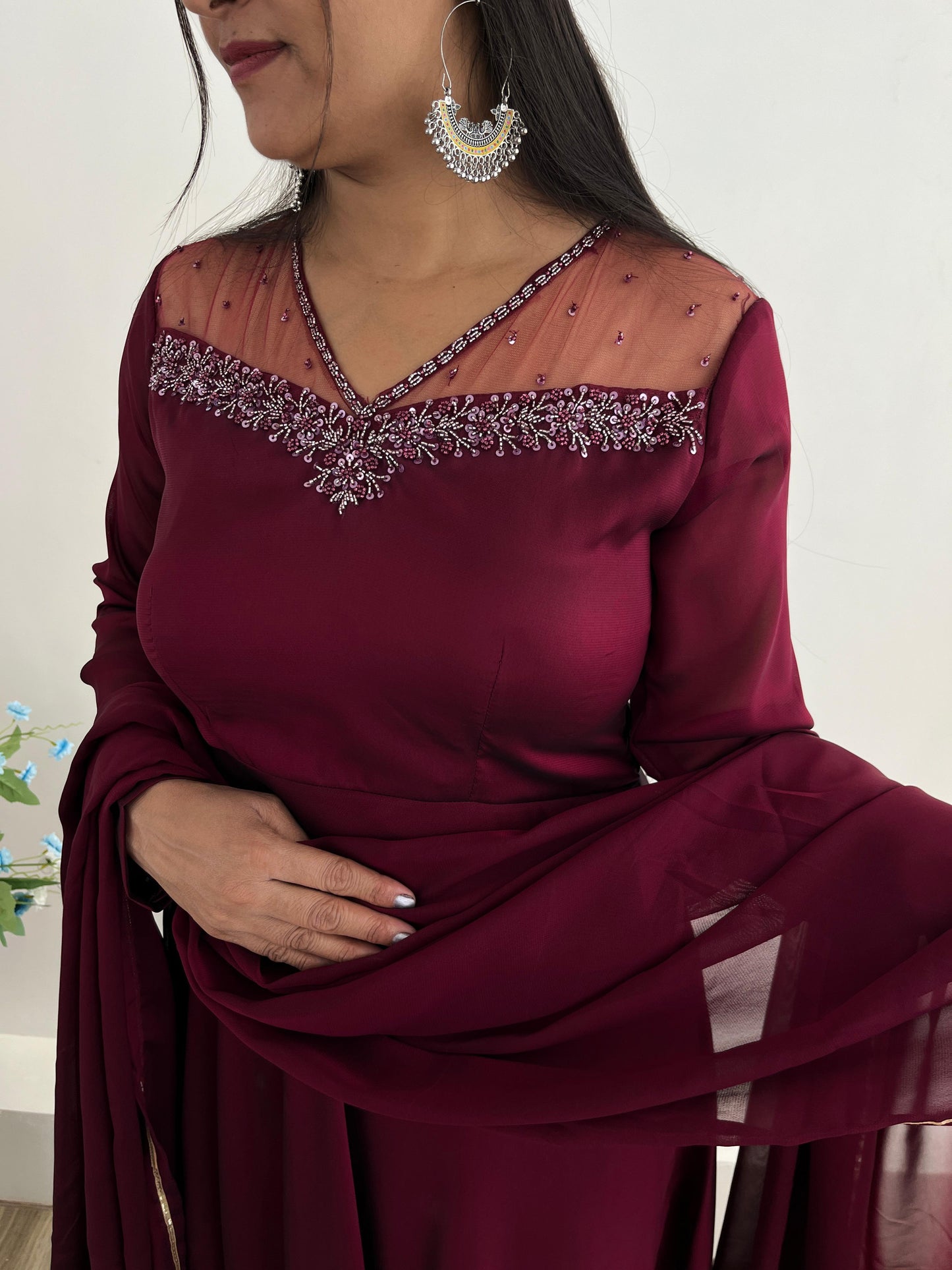 Exclusive Maroon Color Heavy Rangoli Georgette Designer Gown With Dupatta