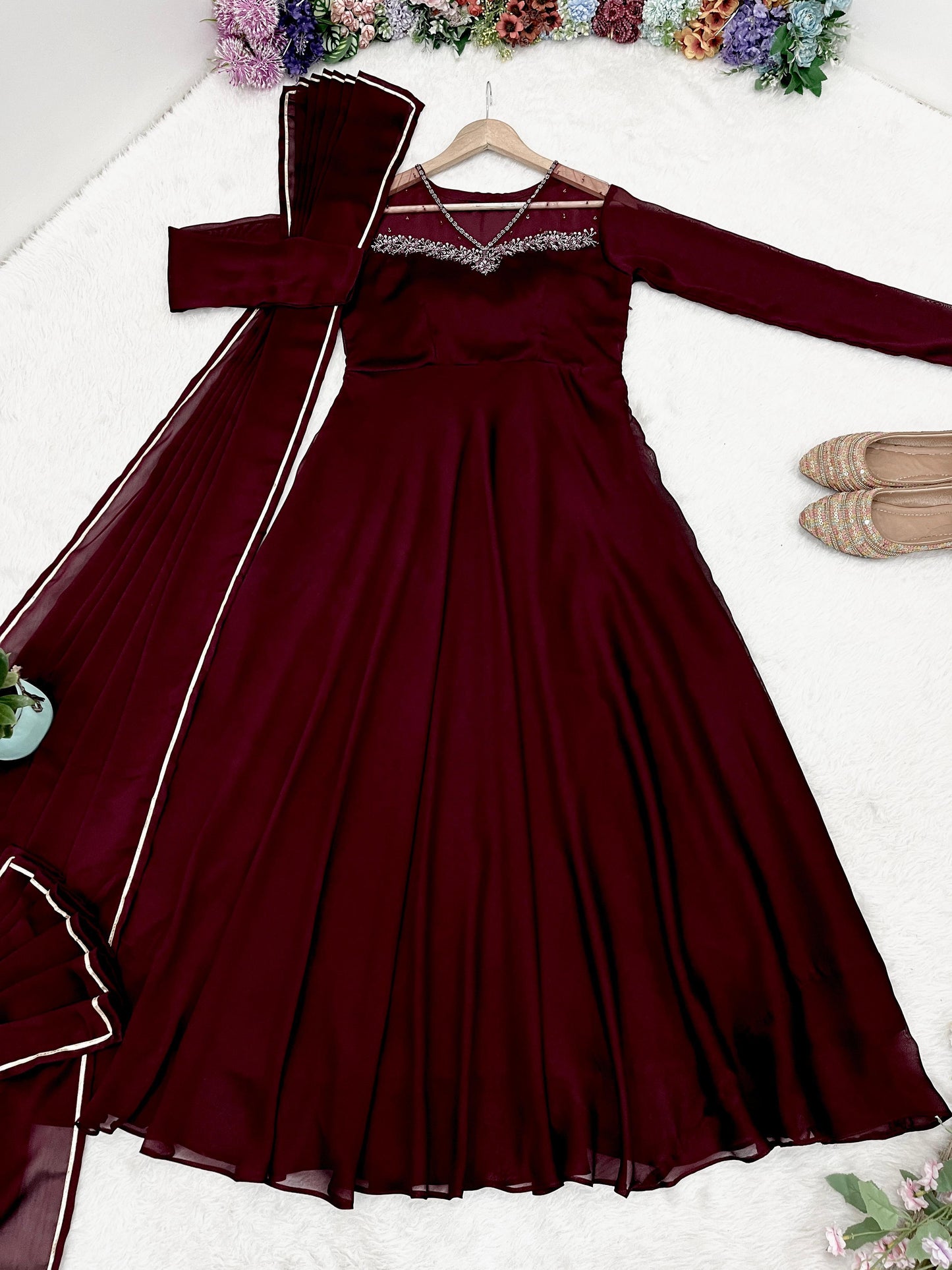 Exclusive Maroon Color Heavy Rangoli Georgette Designer Gown With Dupatta