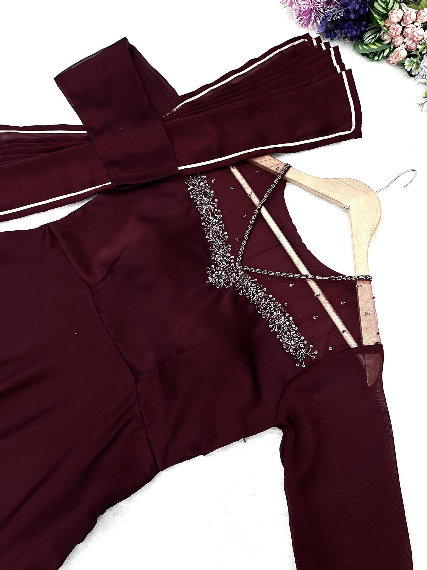 Exclusive Maroon Color Heavy Rangoli Georgette Designer Gown With Dupatta