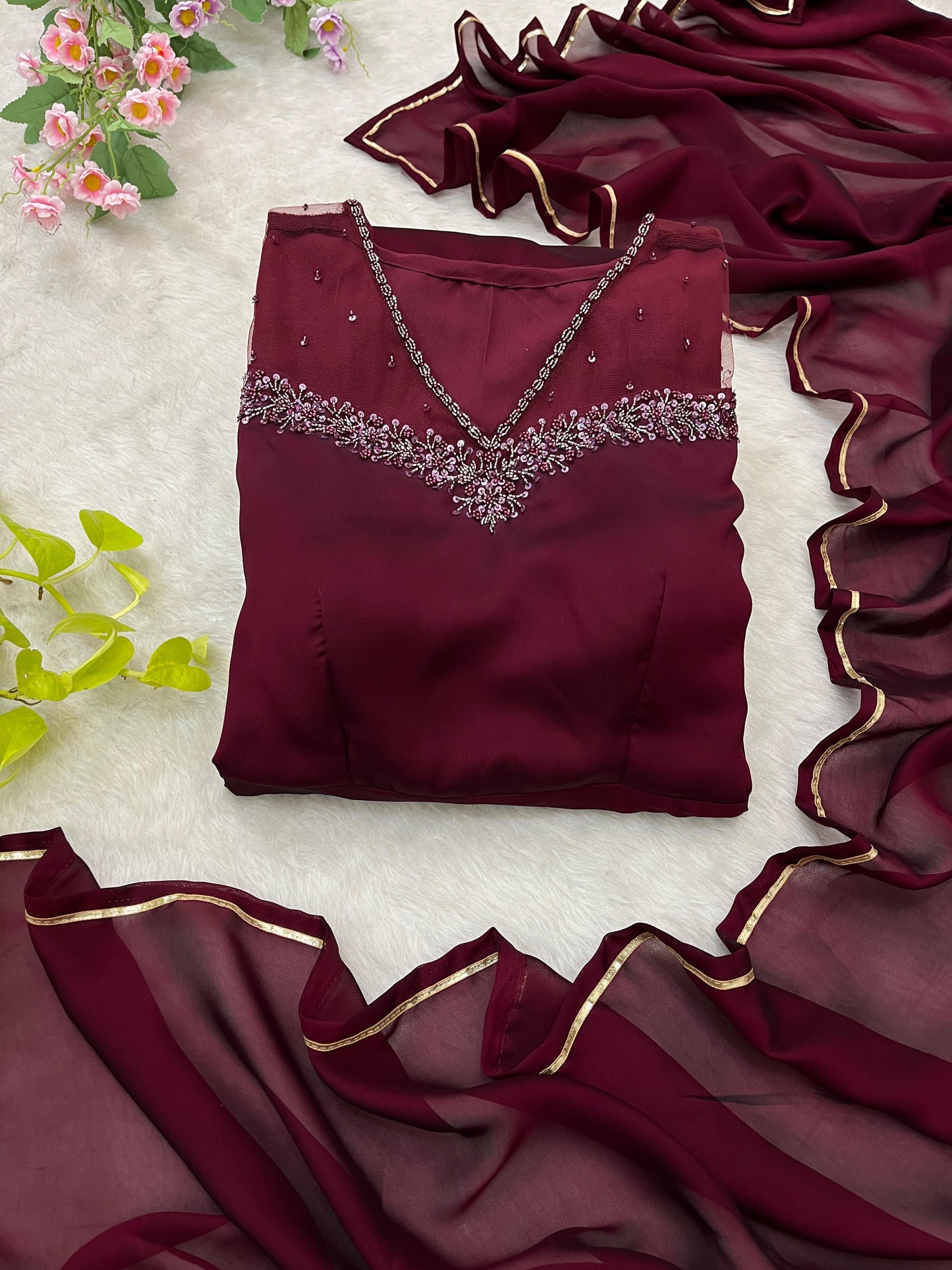 Exclusive Maroon Color Heavy Rangoli Georgette Designer Gown With Dupatta