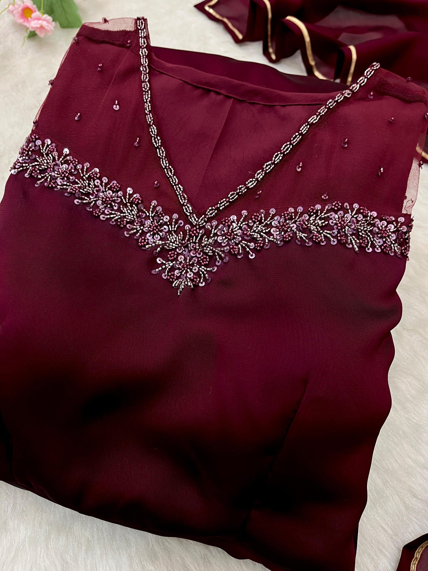 Exclusive Maroon Color Heavy Rangoli Georgette Designer Gown With Dupatta