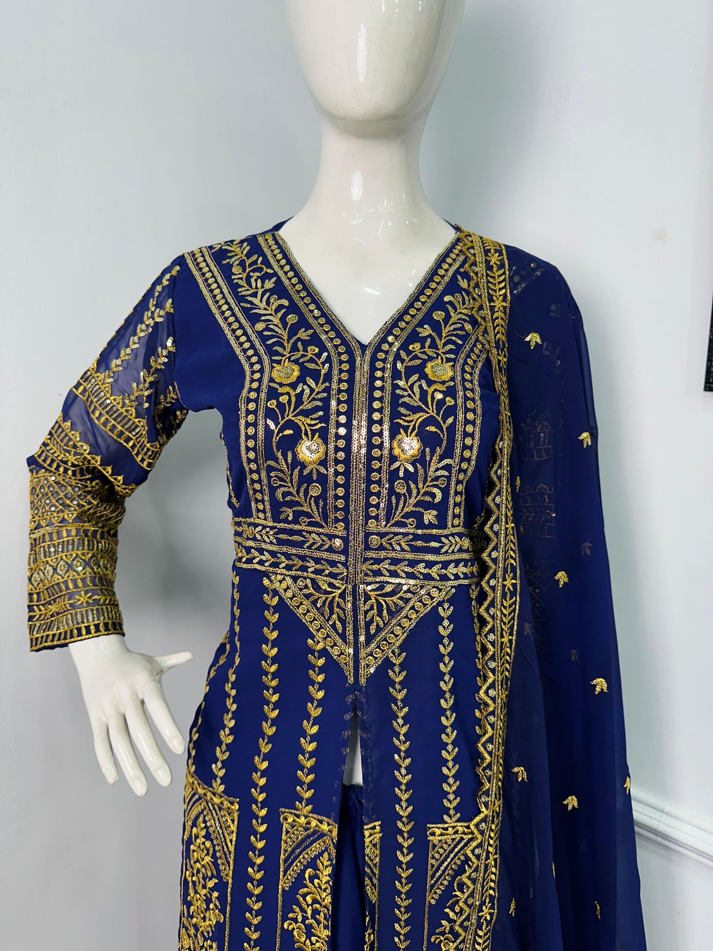 Good Looking Navy Color Color Georgette With Embroidery Work Designer Palazoo Suit