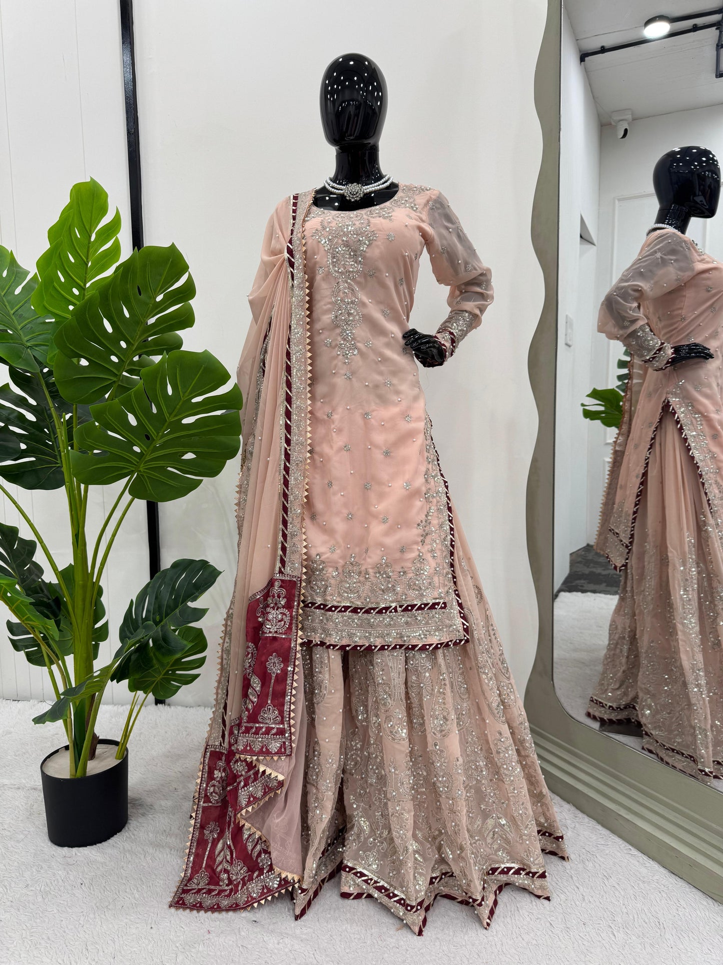 Latest Designer Vihana Pink Embroidered Kurti Sharara Set