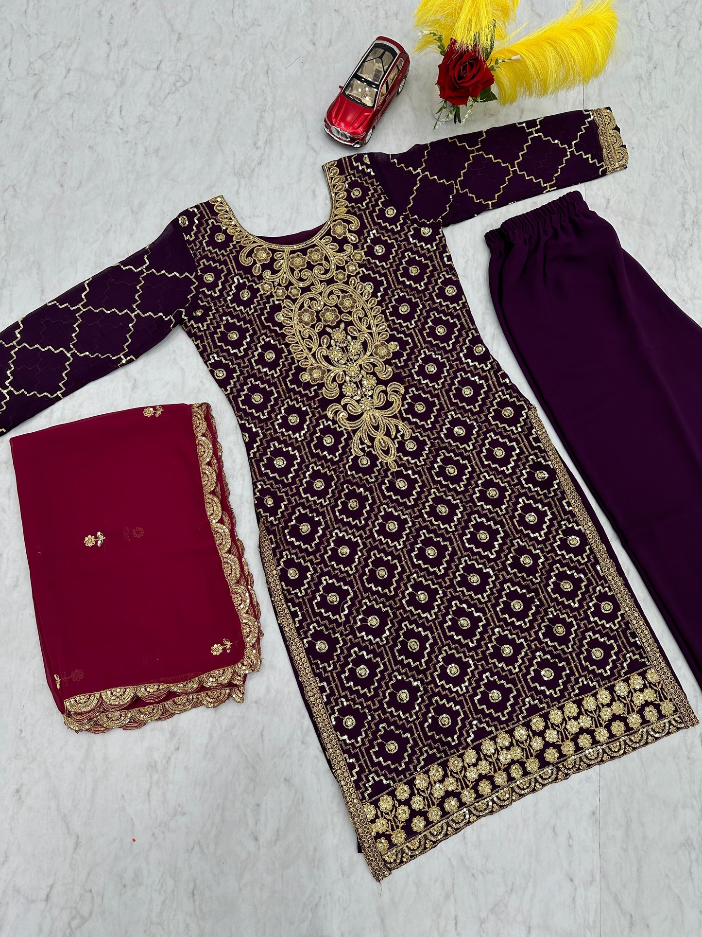 Gorgeous Purple Color Heavy Faux Georgette And Embroidery Sequence Work Designer Salwar Suit