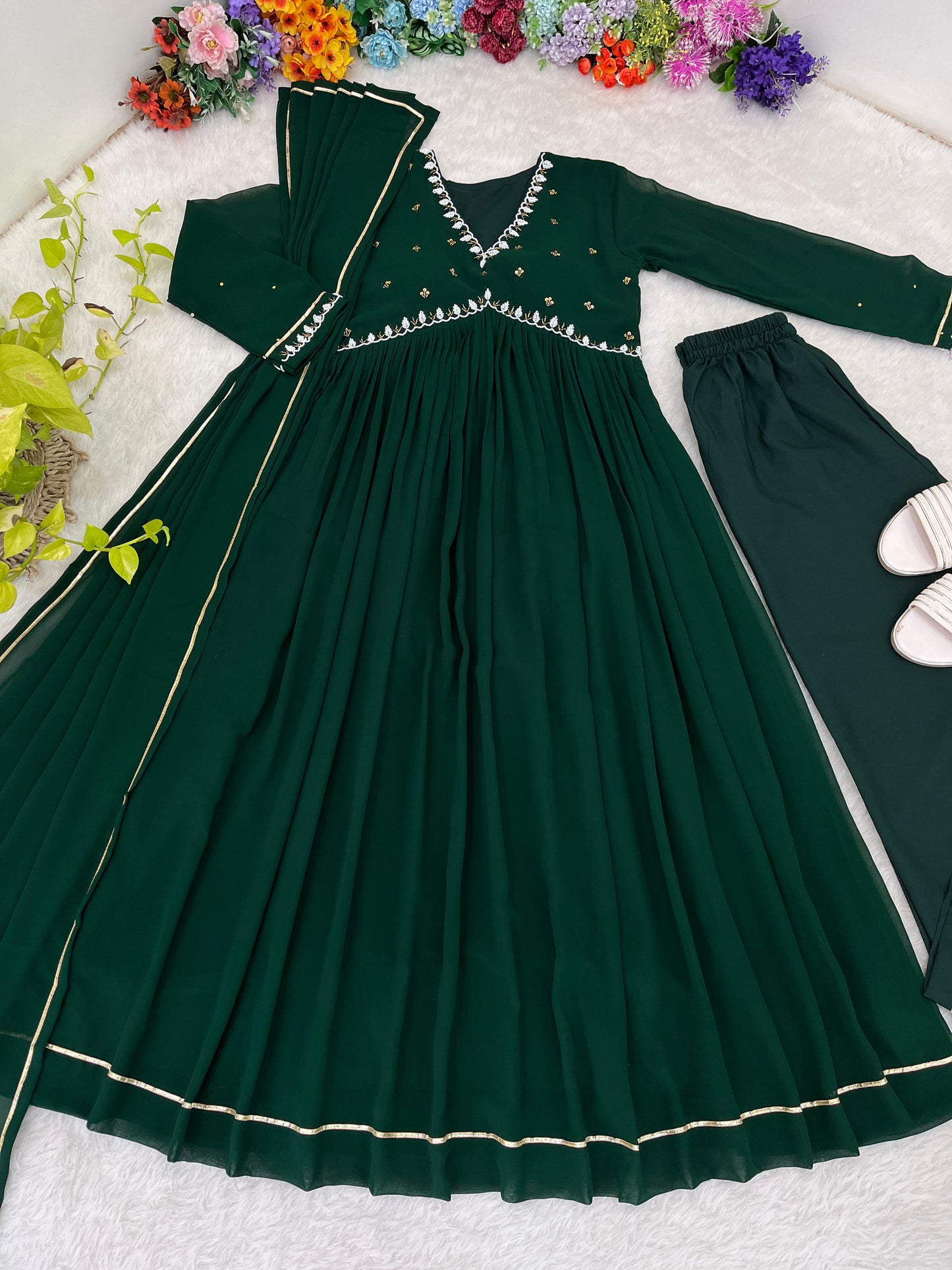 New Party Wear Look Faux Georgette Green Color Gown With Dupatta