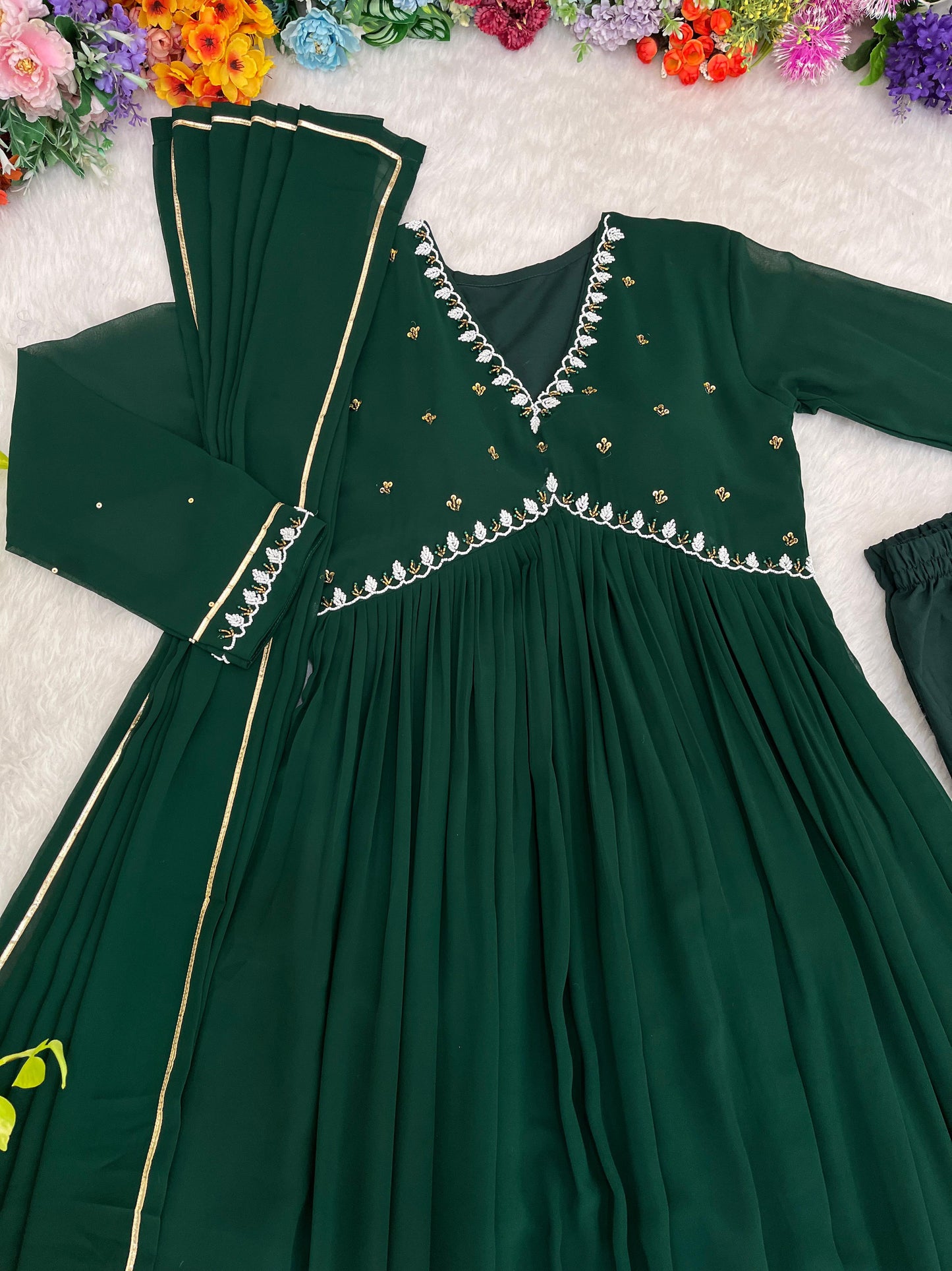 New Party Wear Look Faux Georgette Green Color Gown With Dupatta