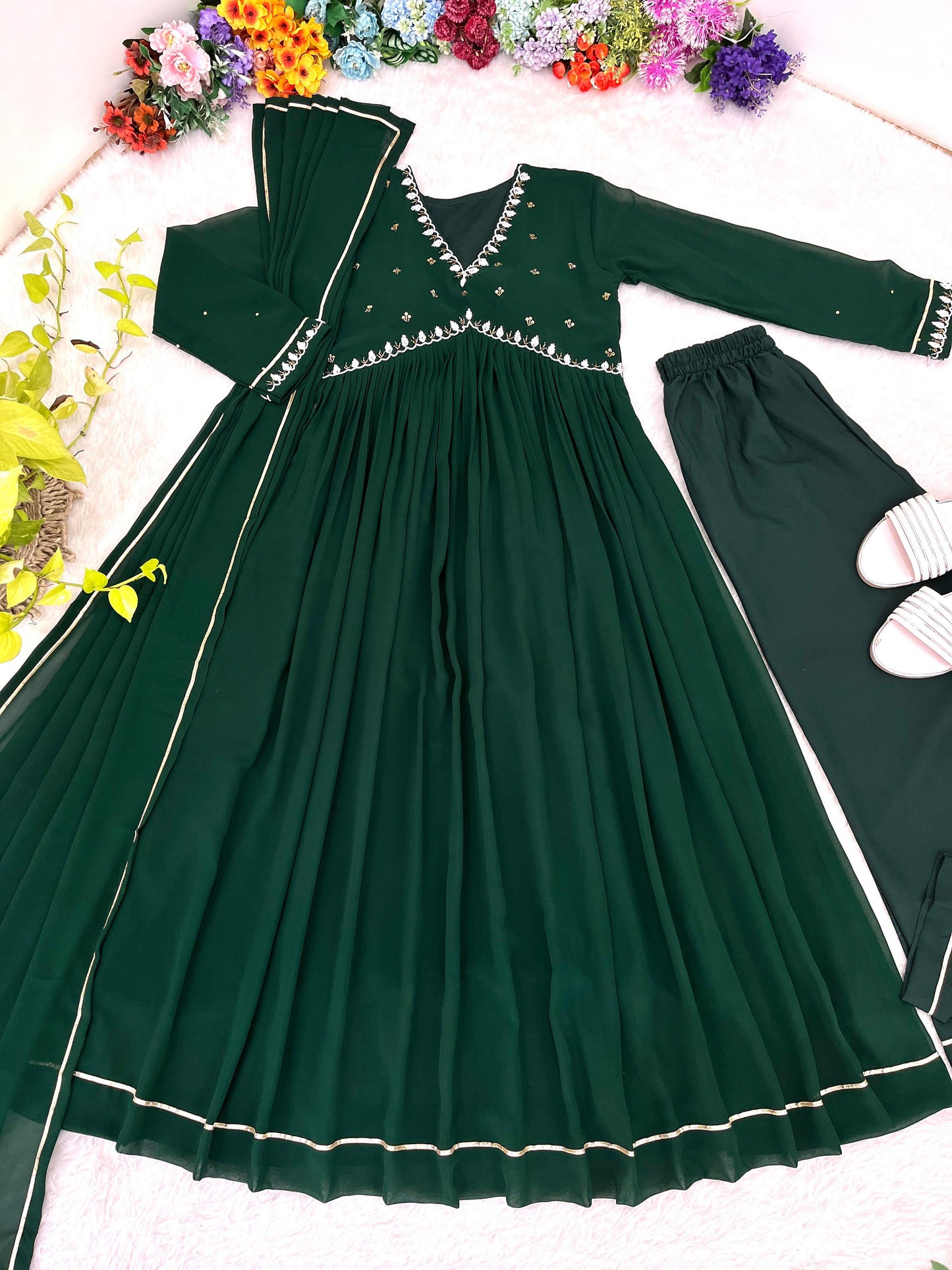 New Party Wear Look Faux Georgette Green Color Gown With Dupatta