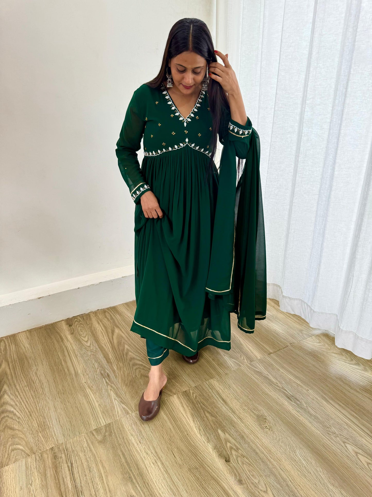 New Party Wear Look Faux Georgette Green Color Gown With Dupatta