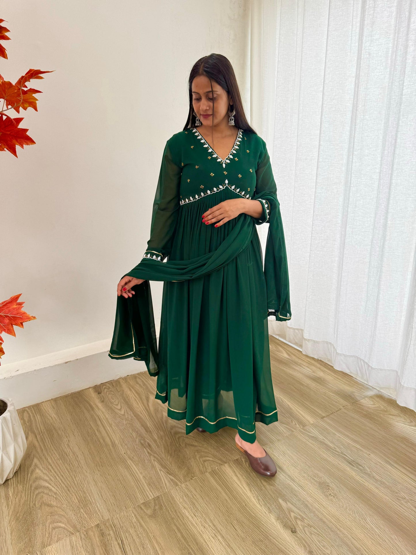 New Party Wear Look Faux Georgette Green Color Gown With Dupatta